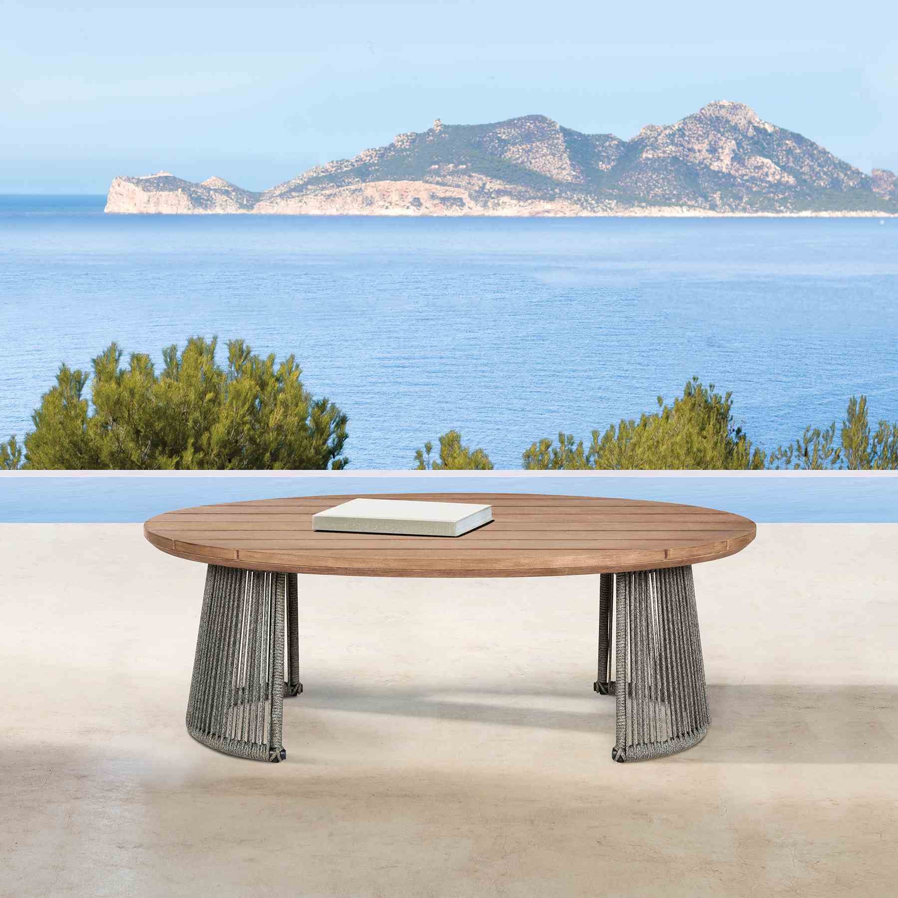 Benicia Outdoor Patio Oval Coffee Table in Weathered Eucalyptus Wood and Gray Rope - Image 9
