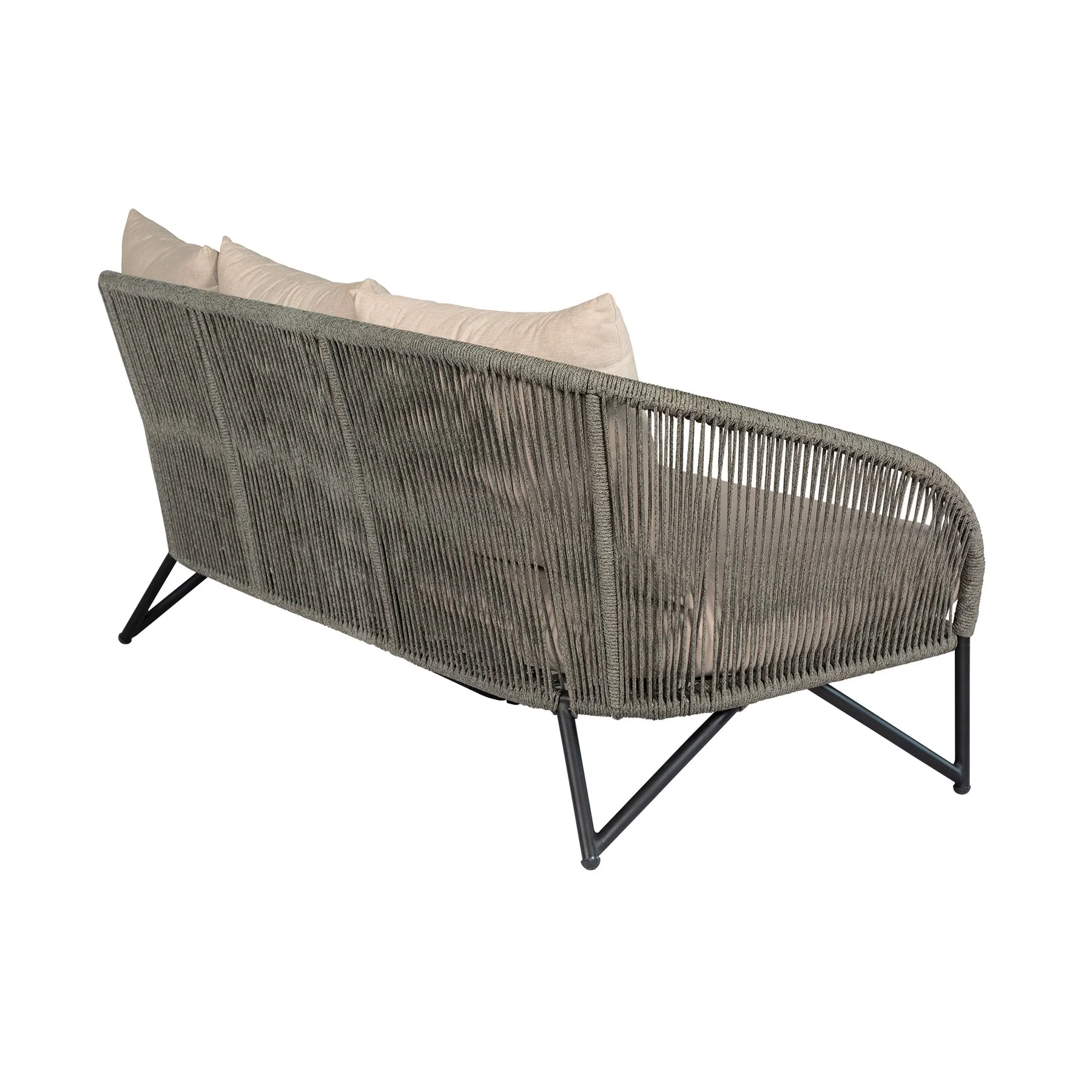 Benicia Outdoor Patio Sofa in Black Steel with Gray Rope and Taupe Olefin Cushions - Image 3