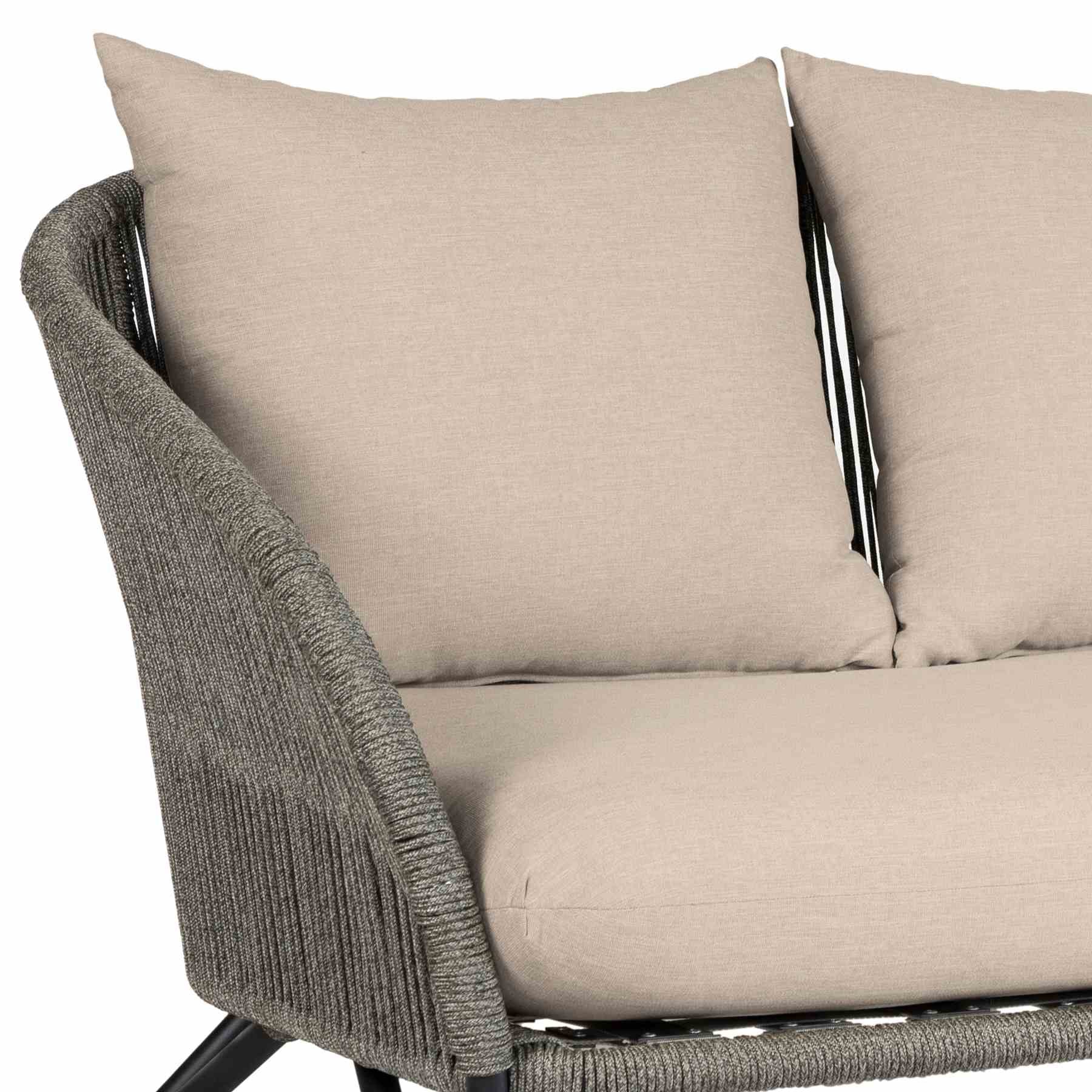 Benicia Outdoor Patio Sofa in Black Steel with Gray Rope and Taupe Olefin Cushions - Image 5