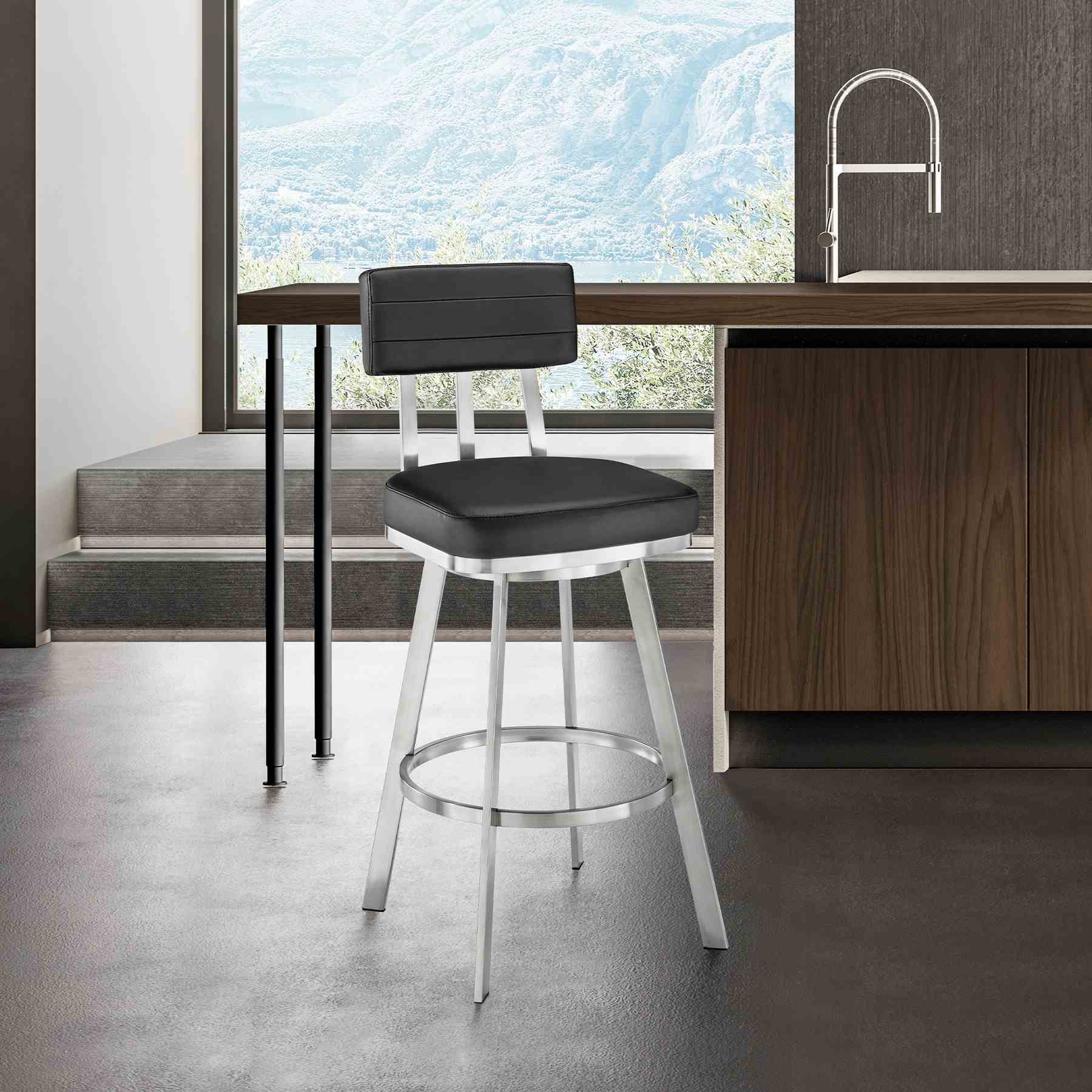 Benjamin 26" Swivel Counter Stool in Brushed Stainless Steel with Black Faux Leather - Image 9