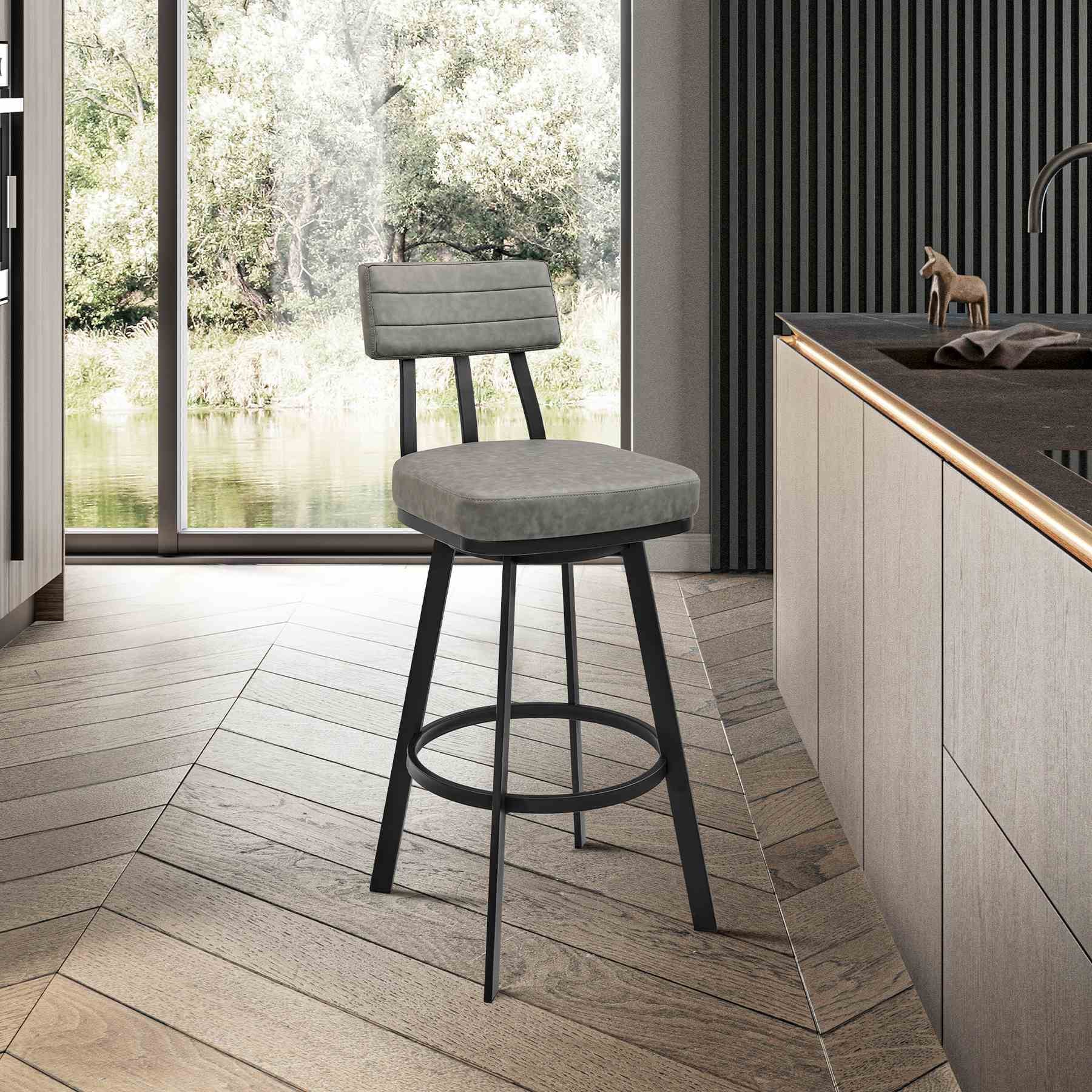 Benjamin Swivel Bar Stool in Black Metal with Gray Faux Leather - Image 11