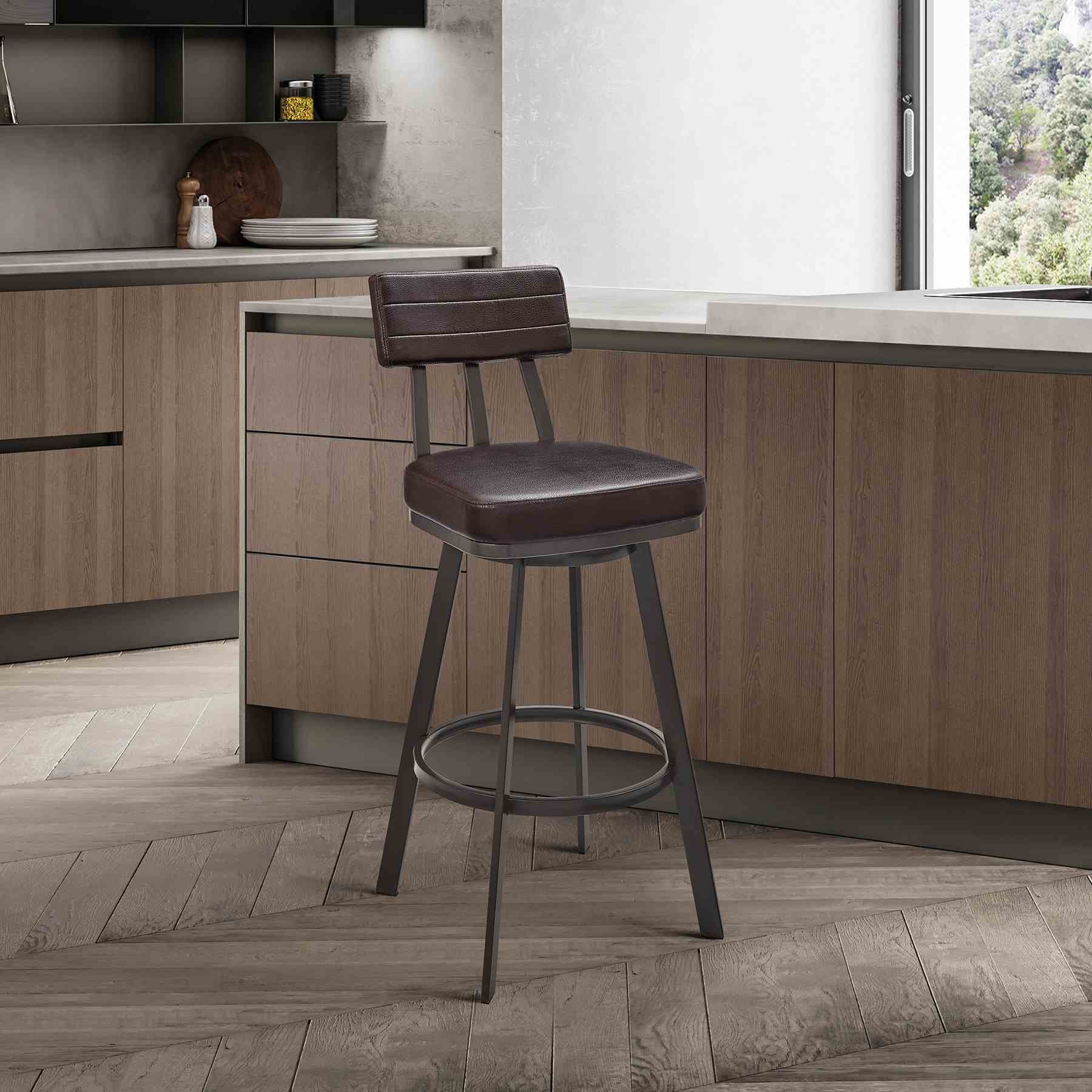 Benjamin Swivel Counter Stool in Brown Metal with Brown Faux Leather - Image 11