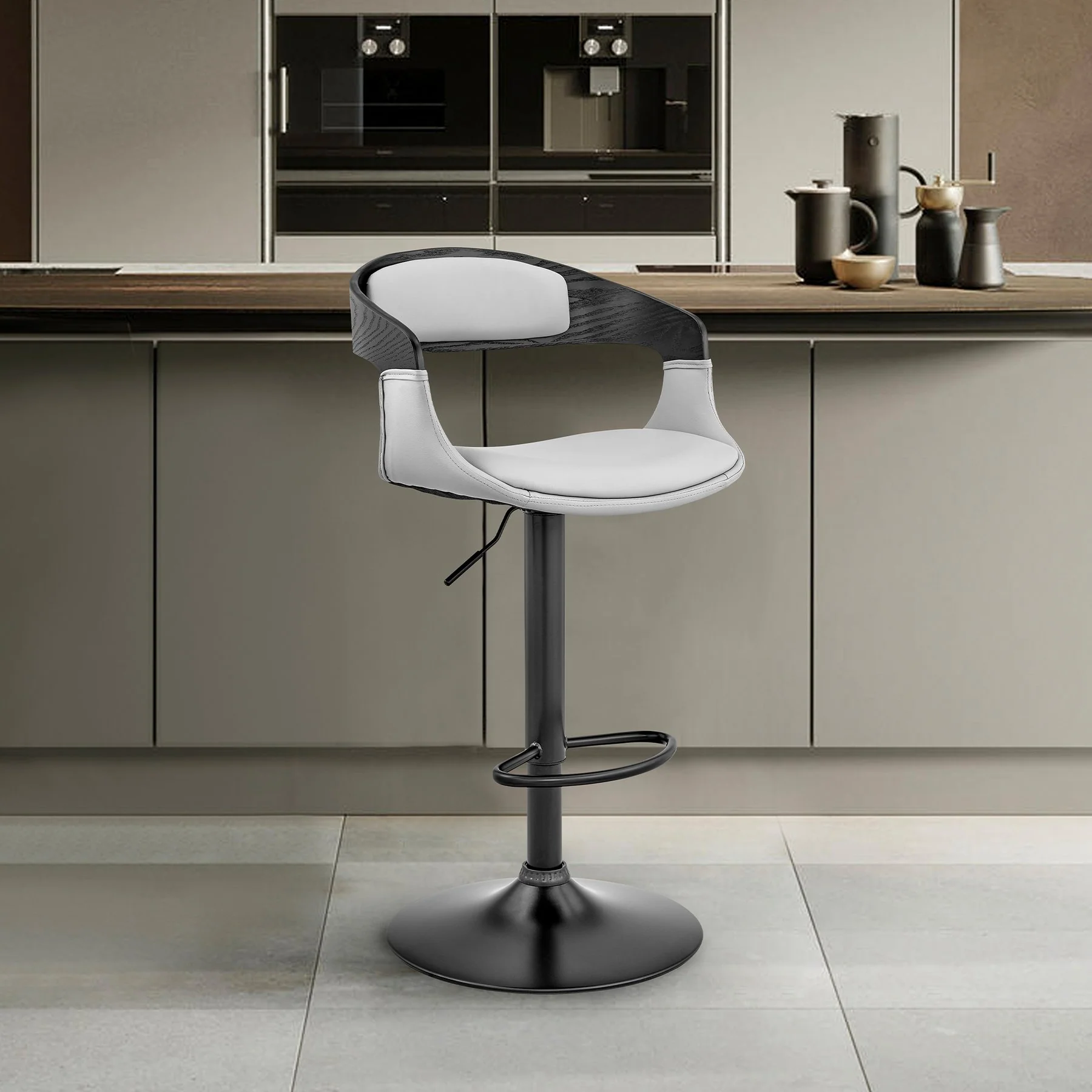 Benson Adjustable Gray Faux Leather and Black Wood Bar Stool with Black Base - Image 11