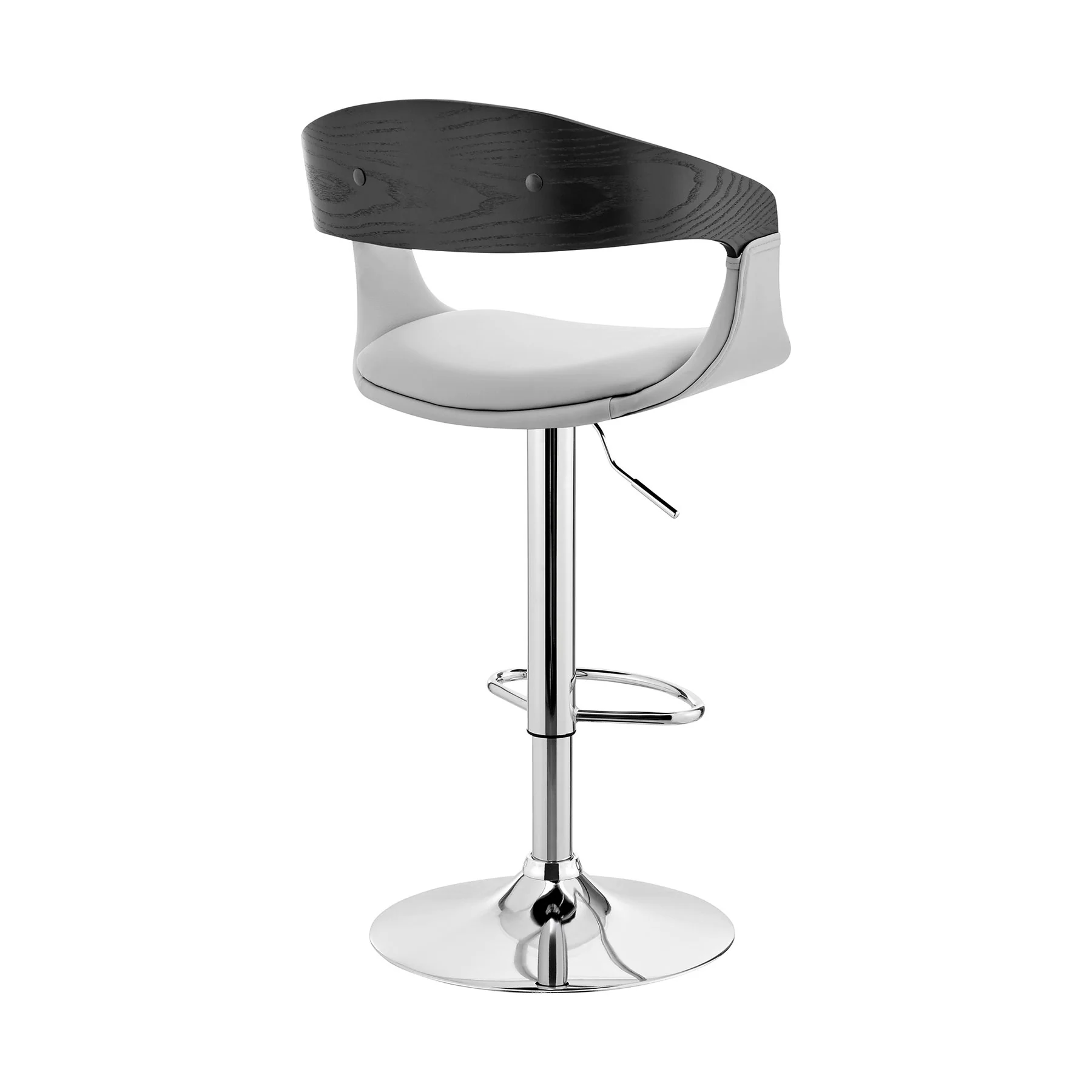 Benson Adjustable Gray Faux Leather and Black Wood Bar Stool with Chrome Base - Image 4