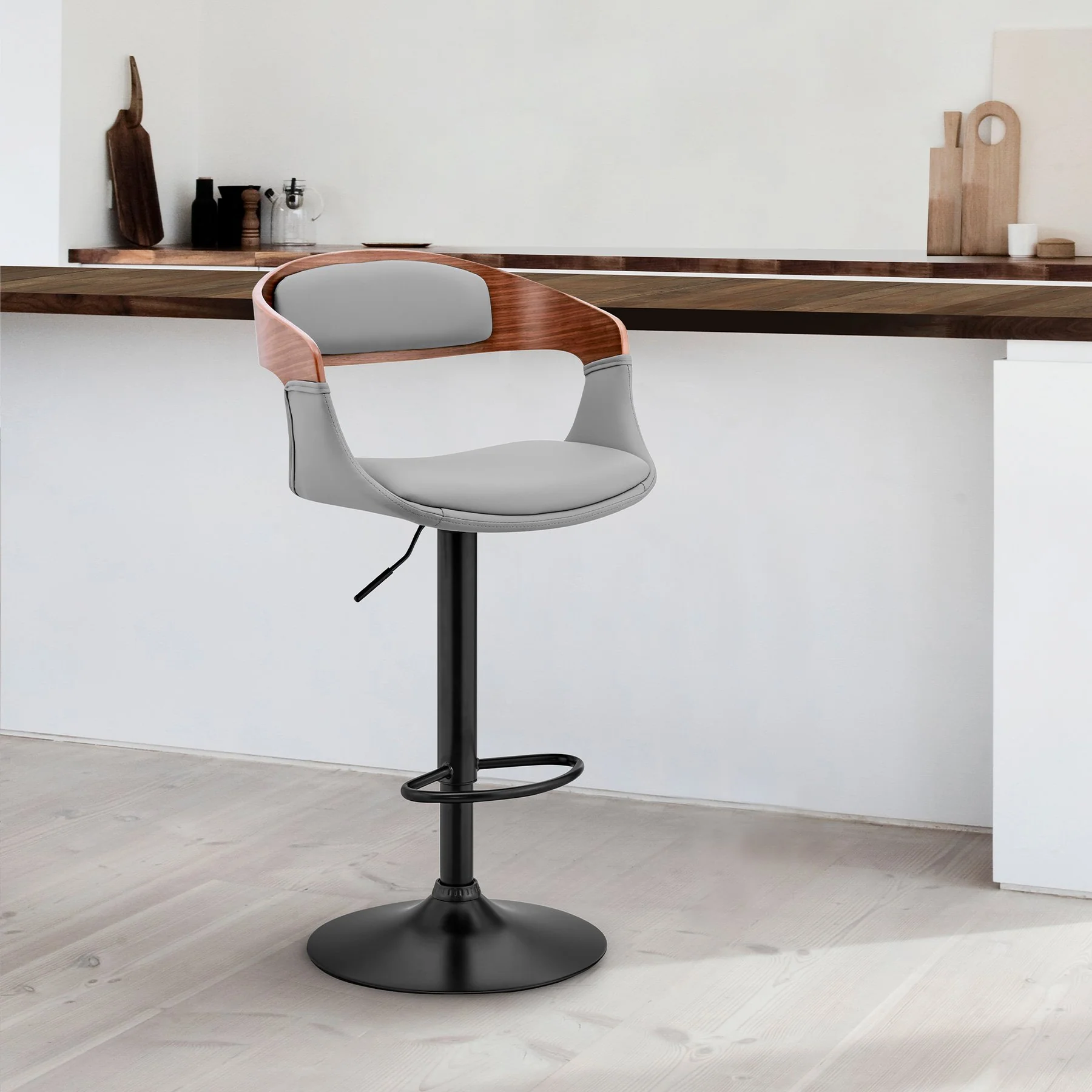 Benson Adjustable Gray Faux Leather and Walnut Wood Bar Stool with Black Base - Image 11