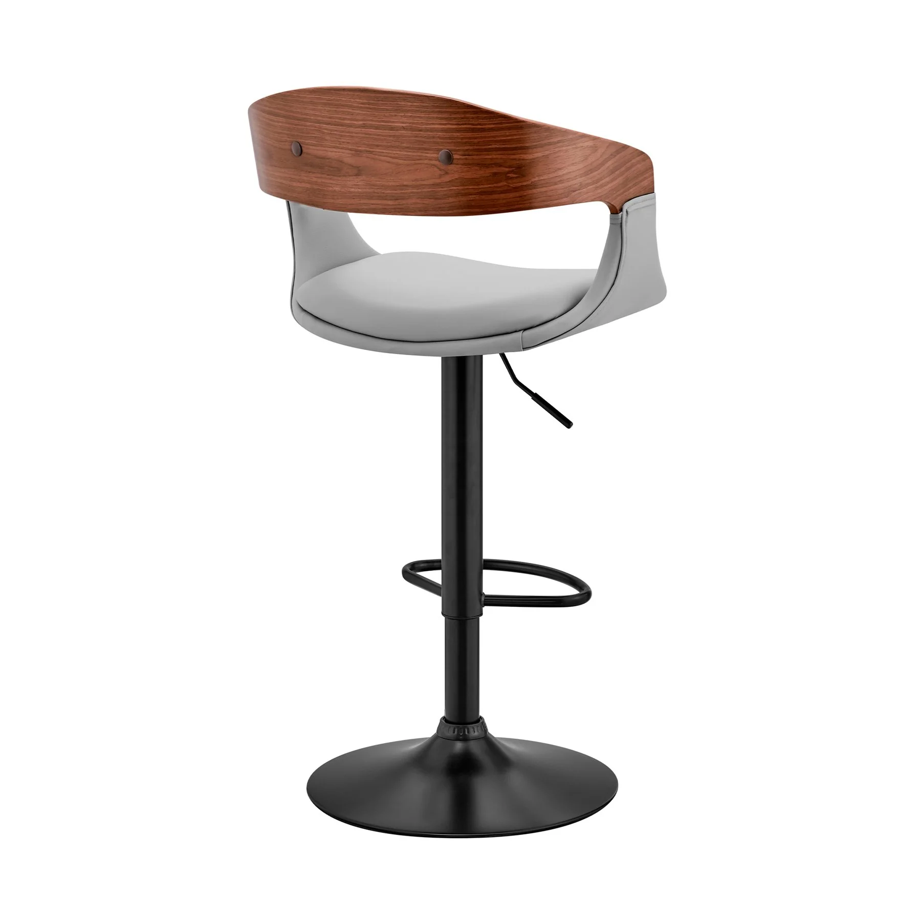 Benson Adjustable Gray Faux Leather and Walnut Wood Bar Stool with Black Base - Image 4
