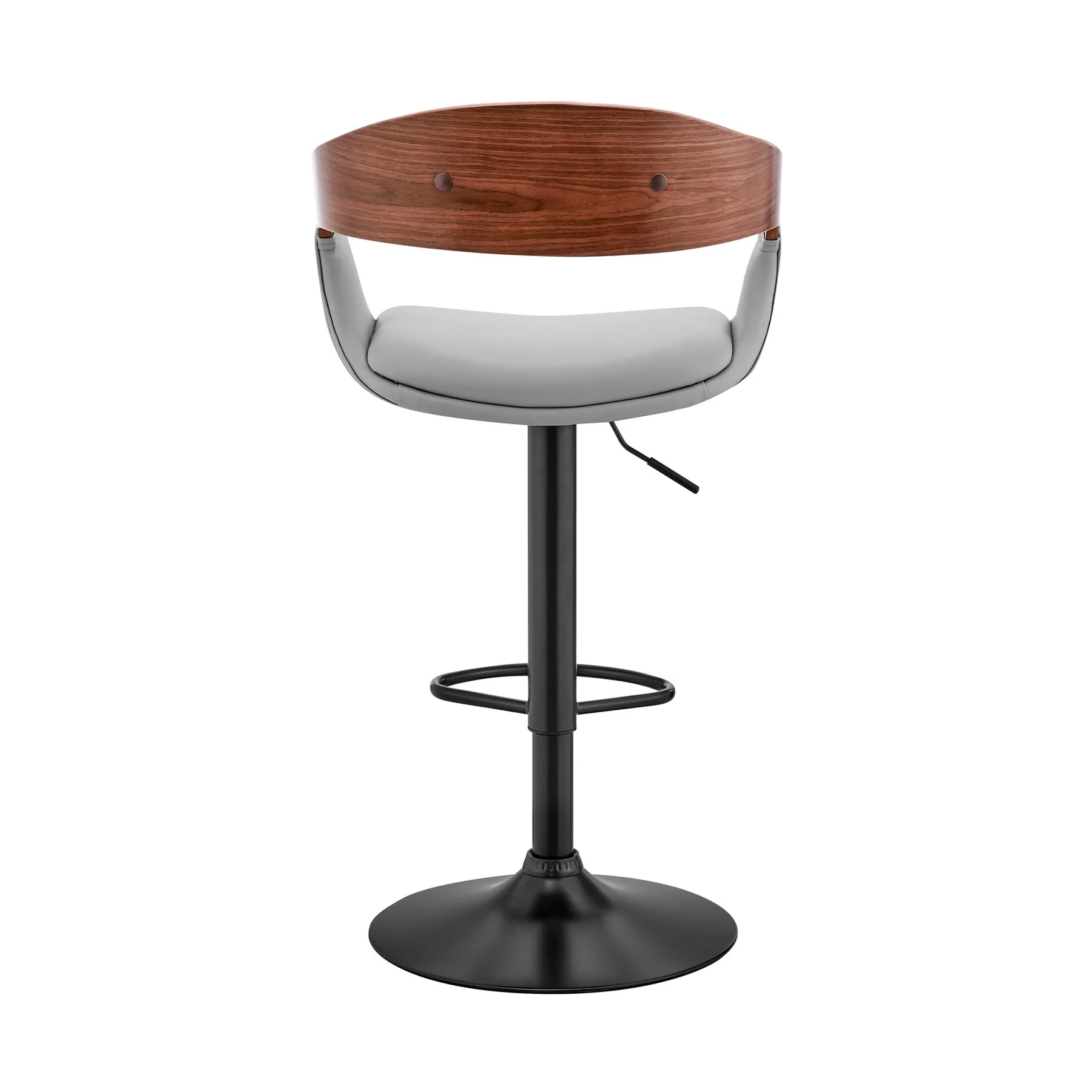Benson Adjustable Gray Faux Leather and Walnut Wood Bar Stool with Black Base - Image 5