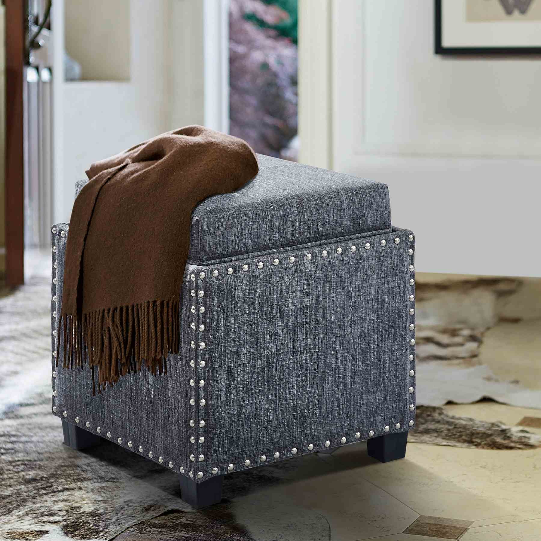 Blaze Contemporary Ottoman in Slate Gray Linen with Wood Legs - Image 4