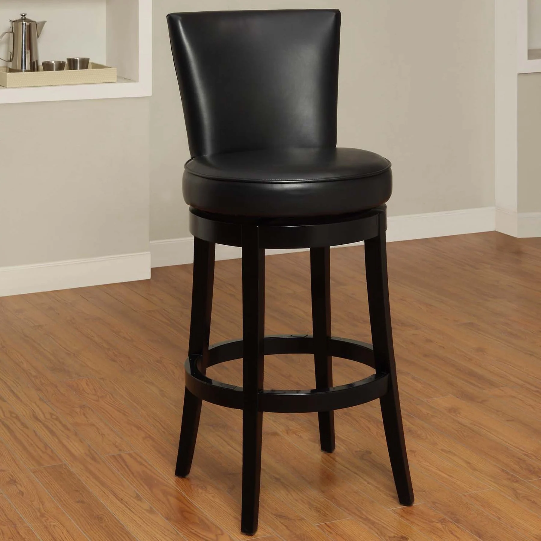 Boston 30" Bar Height Swivel Black Faux Leather and Black Wood Bar Stool - Image 4