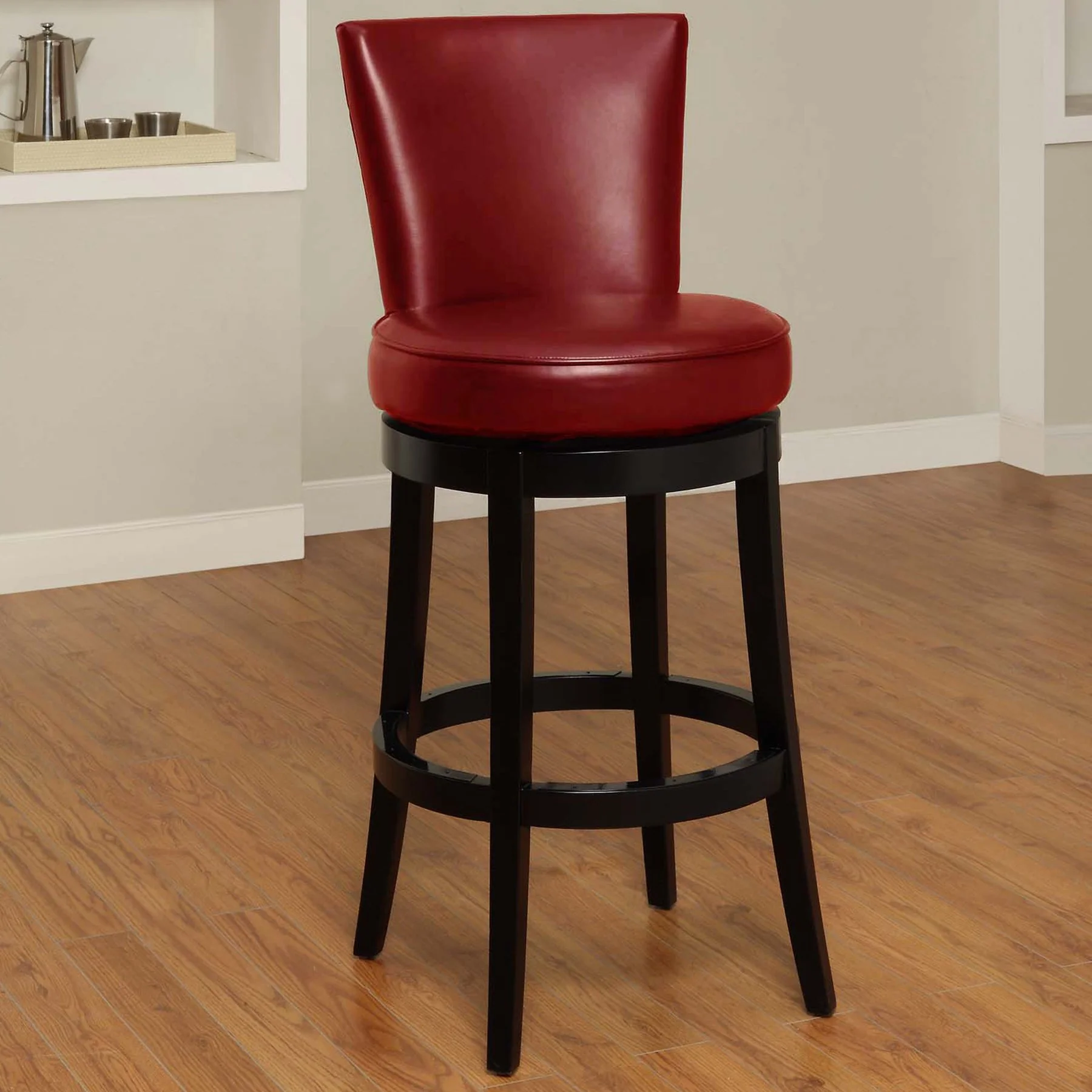Boston 30" Bar Height Swivel Red Faux Leather and Black Wood Bar Stool - Image 4
