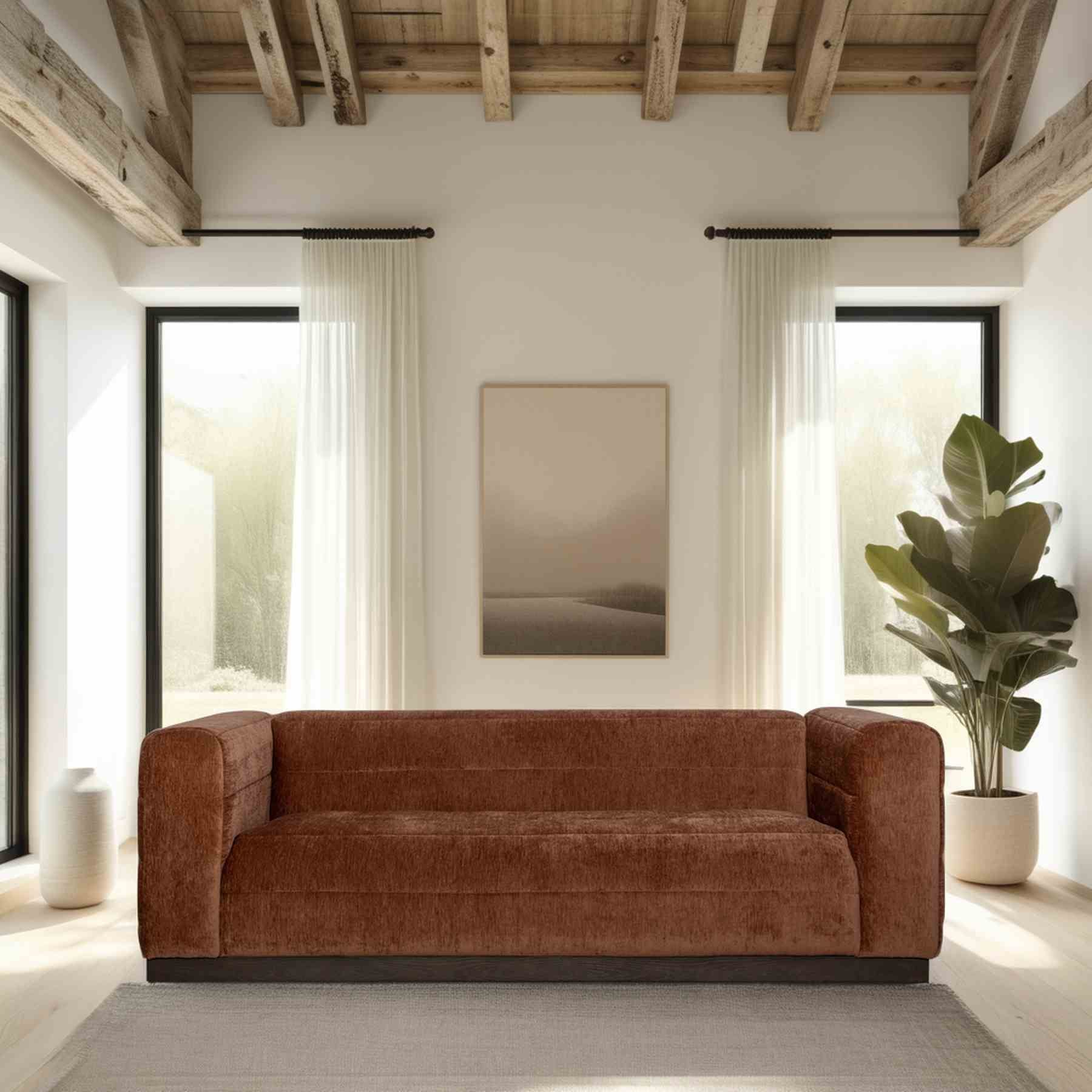 Brea 90.5 in. 3-Seater Sofa in Logan Brown Fabric with Rectangular Seat and Square Arms - Image 10