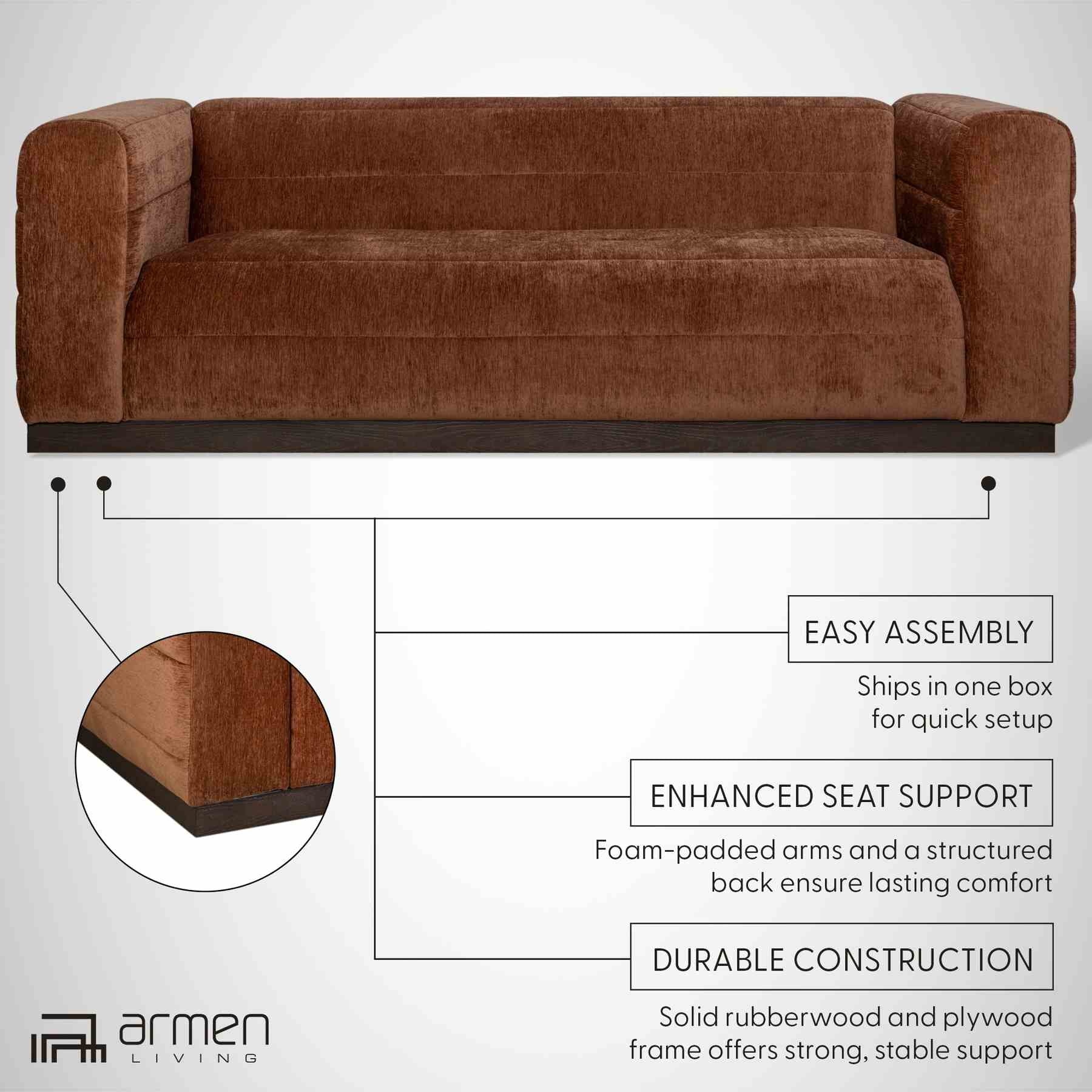 Brea 90.5 in. 3-Seater Sofa in Logan Brown Fabric with Rectangular Seat and Square Arms - Image 12