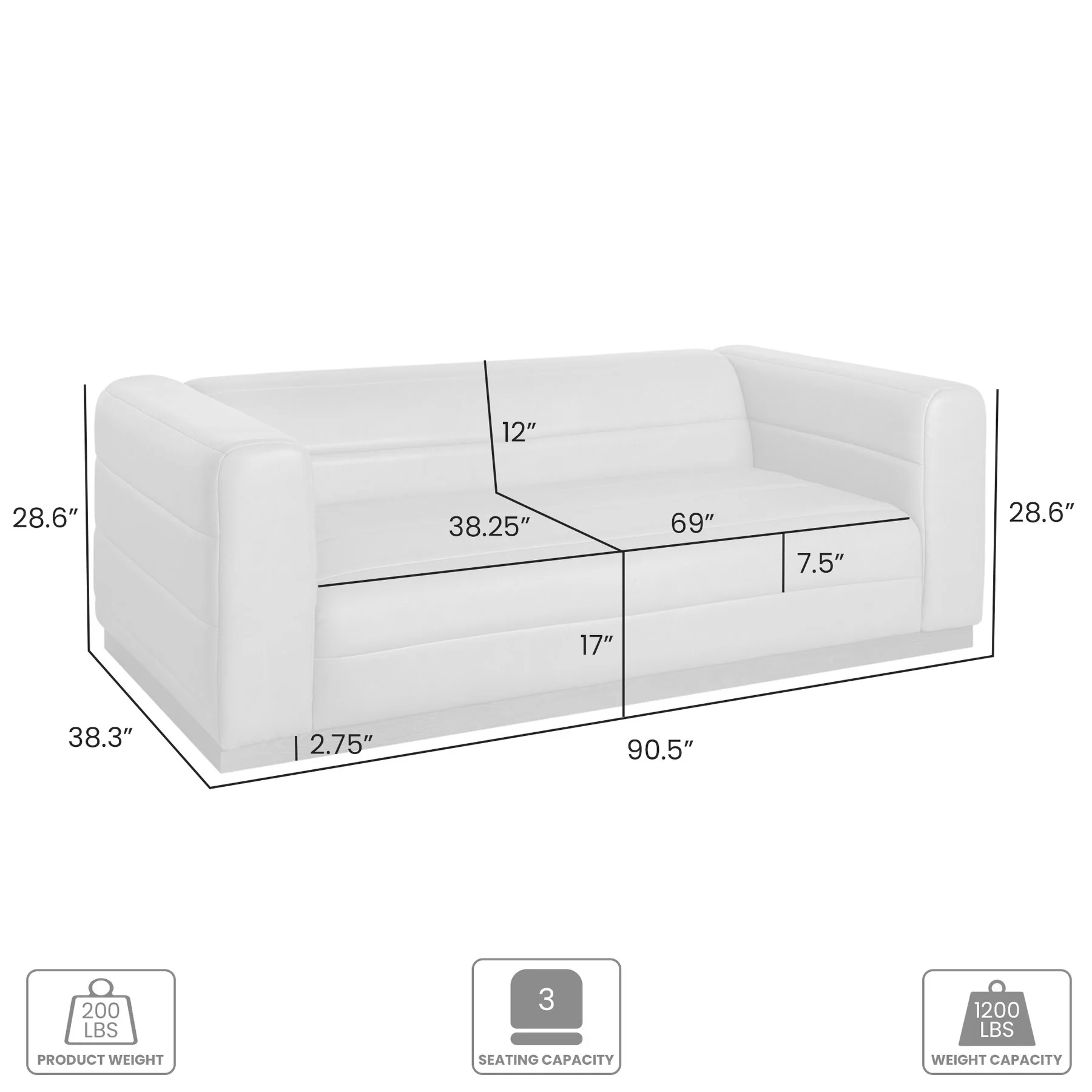 Brea 90.5 in. 3-Seater Sofa in Logan Brown Fabric with Rectangular Seat and Square Arms - Image 8