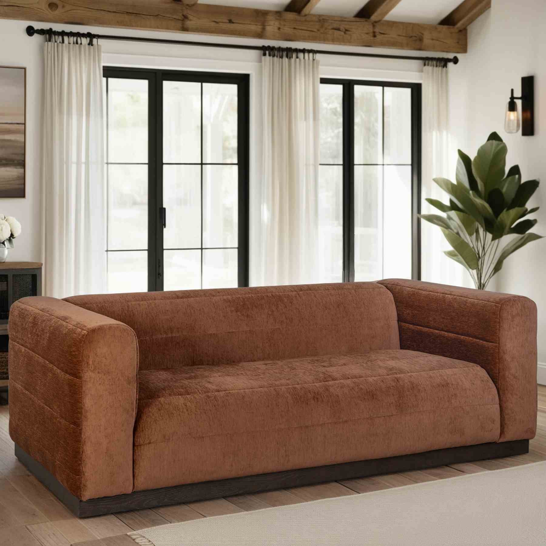 Brea 90.5 in. 3-Seater Sofa in Logan Brown Fabric with Rectangular Seat and Square Arms - Image 9