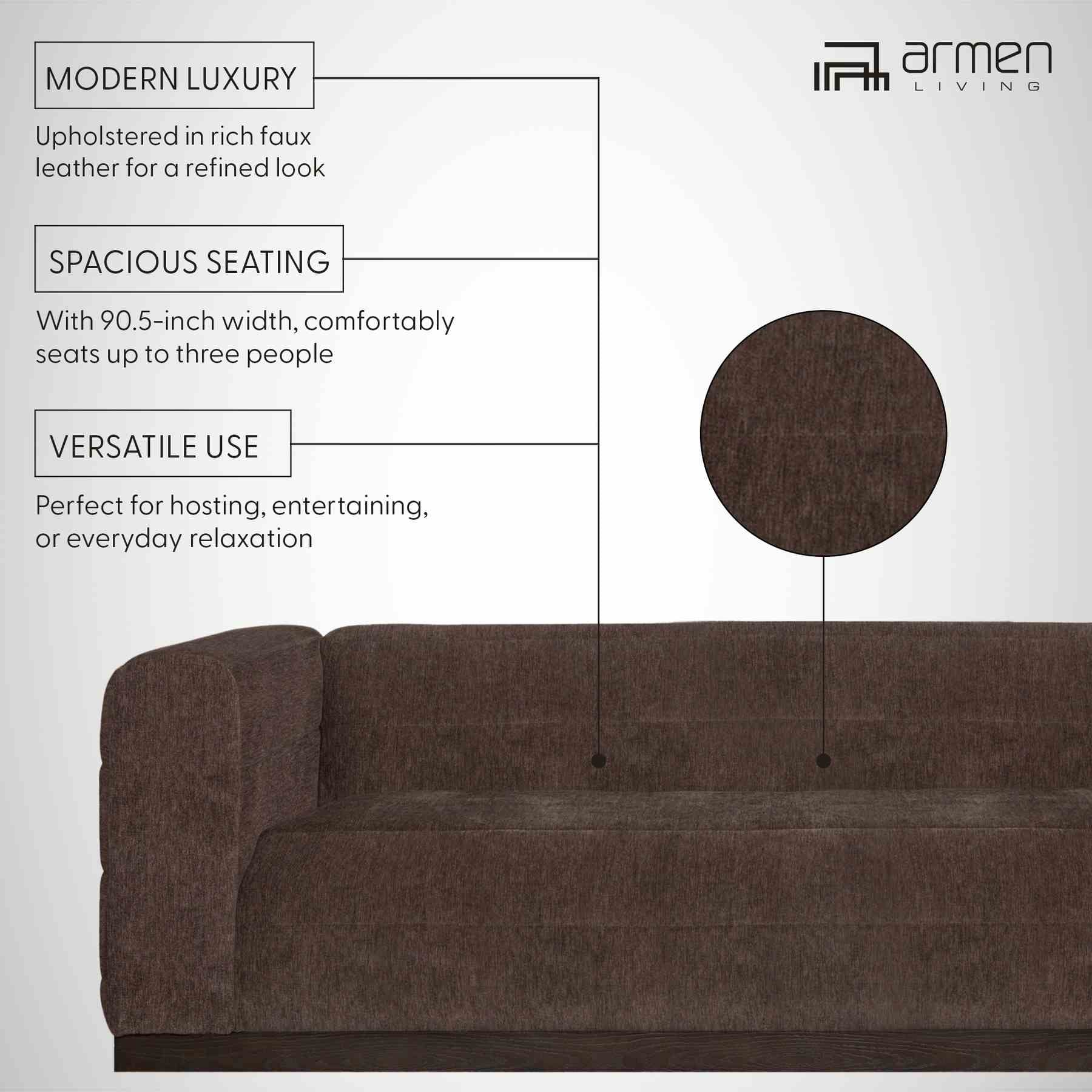 Brea 90.5 in. 3-Seater Sofa in Mocha Bean Fabric with Rectangular Seat and Square Arms - Image 7