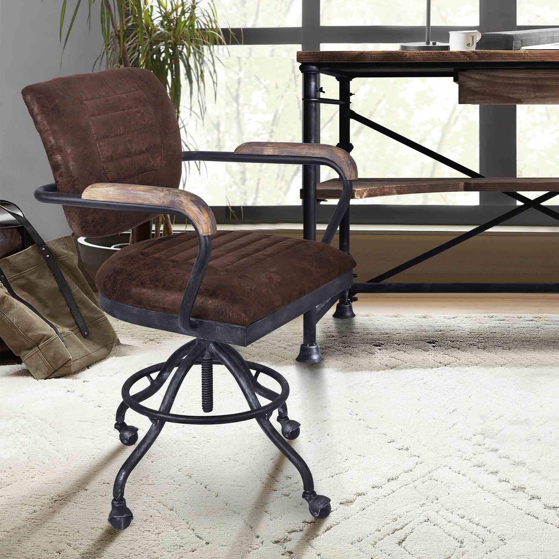 Brice Modern Office Chair in Industrial Gray Finish and Brown Fabric with Pine Wood Arms - Image 7