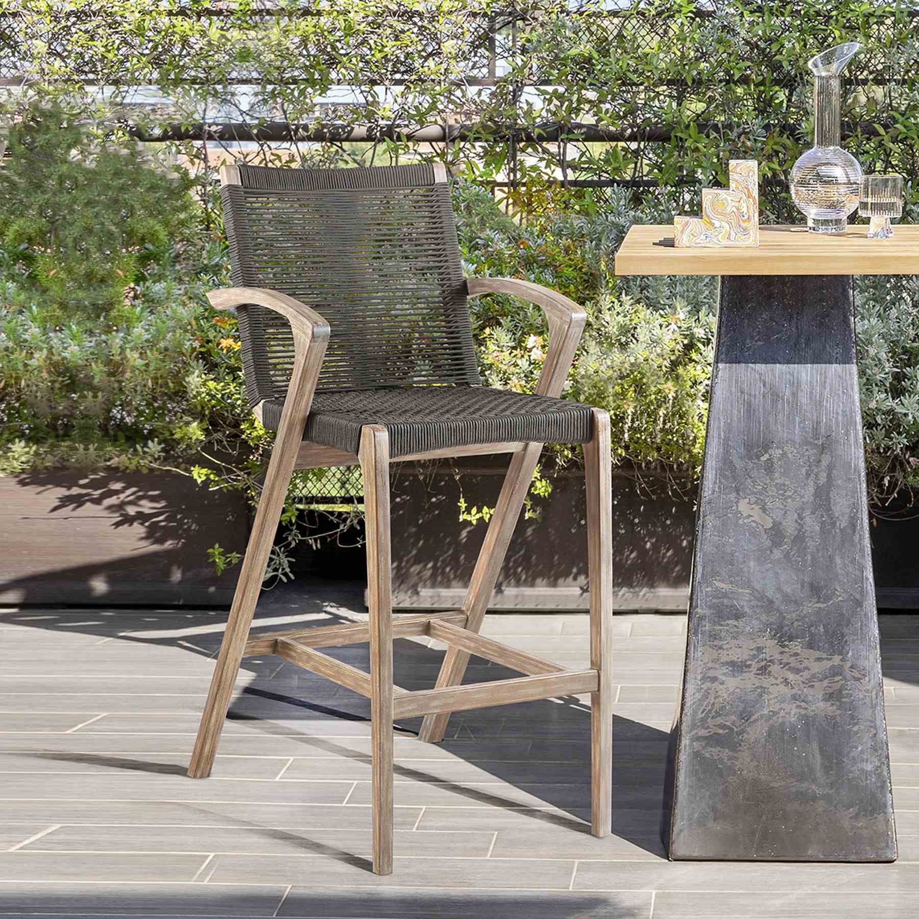Brielle Outdoor Light Eucalyptus Wood and Charcoal Rope Counter Height Stool - Image 10