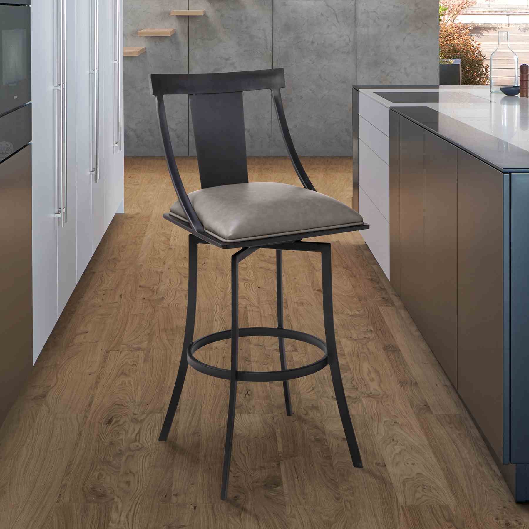 Brisbane Contemporary 30" Bar Height Barstool in Matte Black Finish and Vintage Gray Faux Leather - Image 6