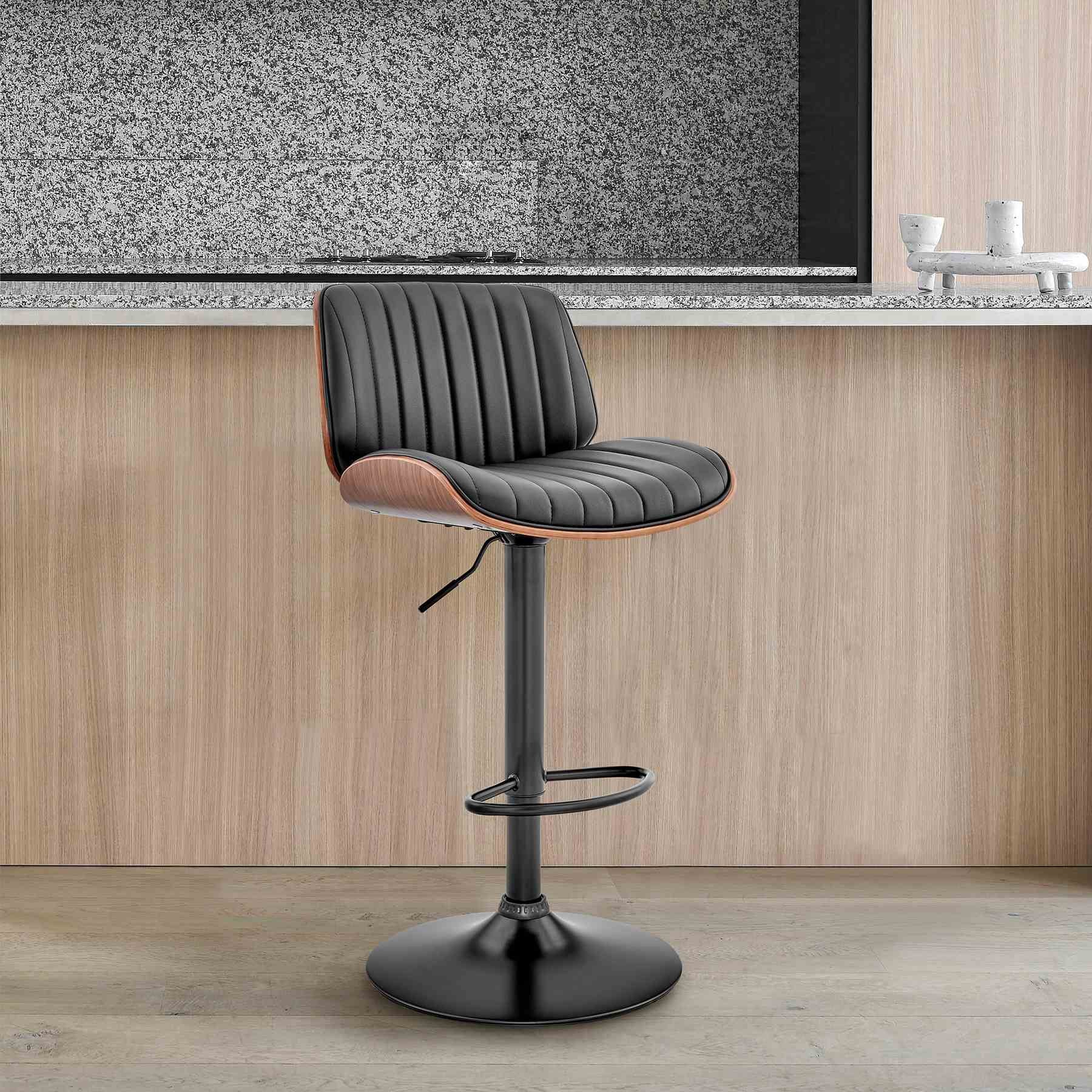Brock Adjustable Black Faux Leather and Walnut Wood Bar Stool with Black Base - Image 11