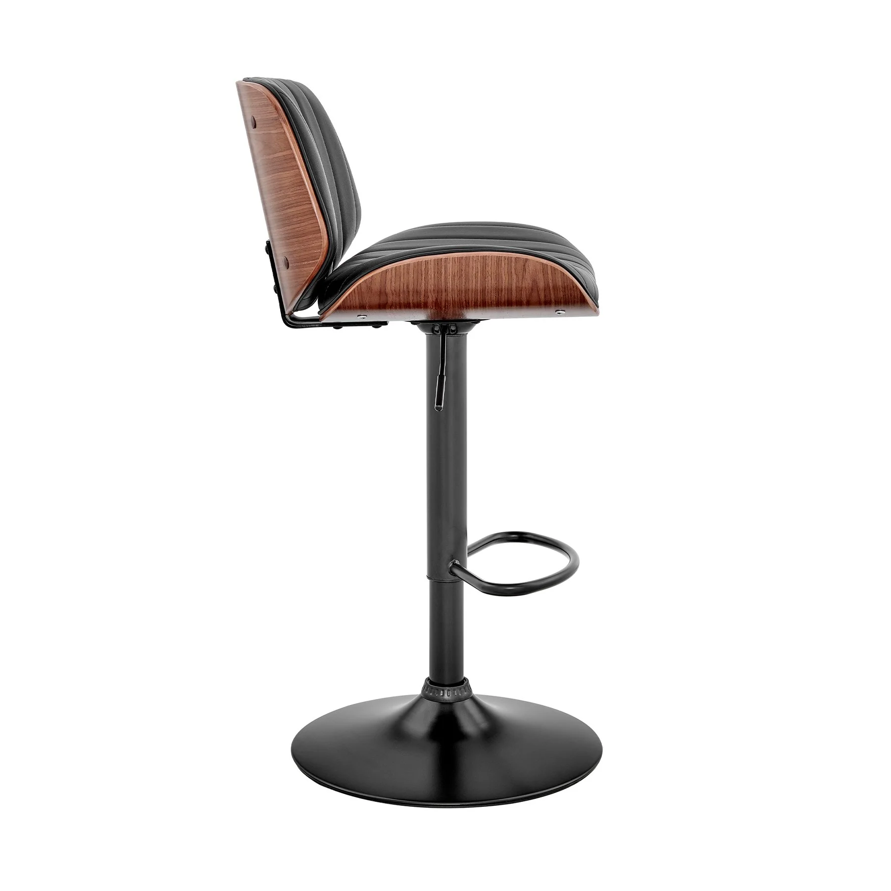 Brock Adjustable Black Faux Leather and Walnut Wood Bar Stool with Black Base - Image 3