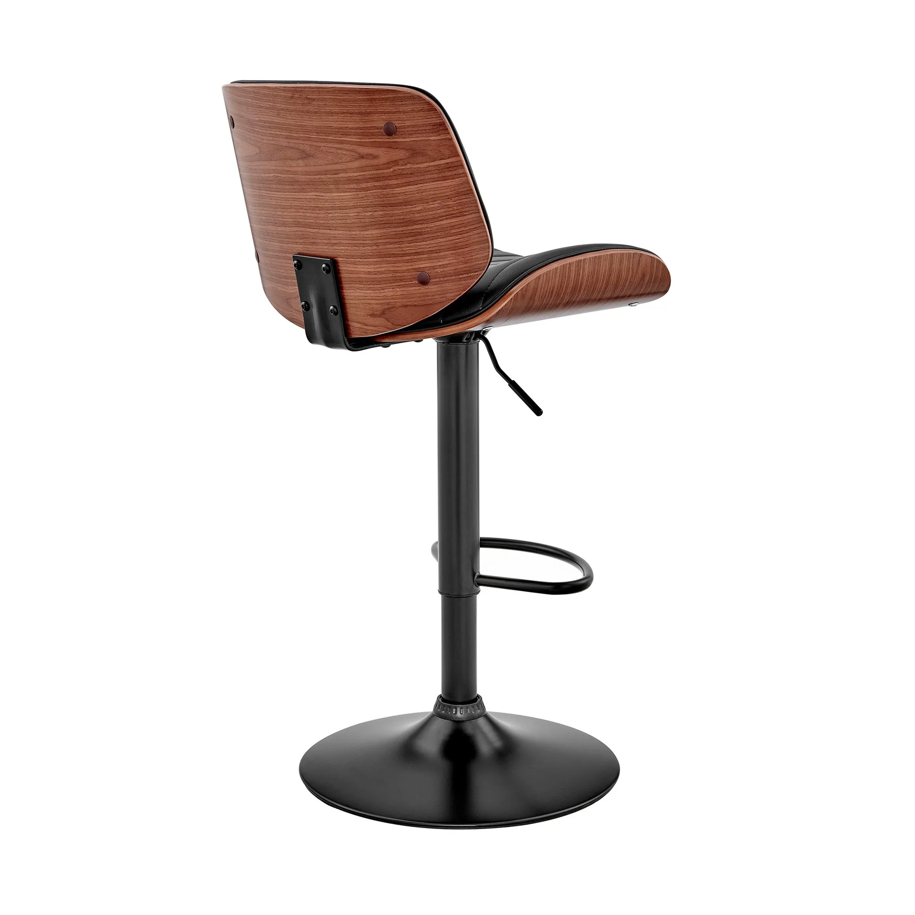 Brock Adjustable Black Faux Leather and Walnut Wood Bar Stool with Black Base - Image 4