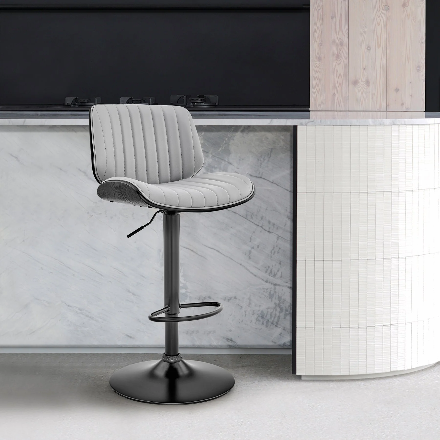 Brock Adjustable Gray Faux Leather and Walnut Wood Bar Stool with Black Base - Image 10