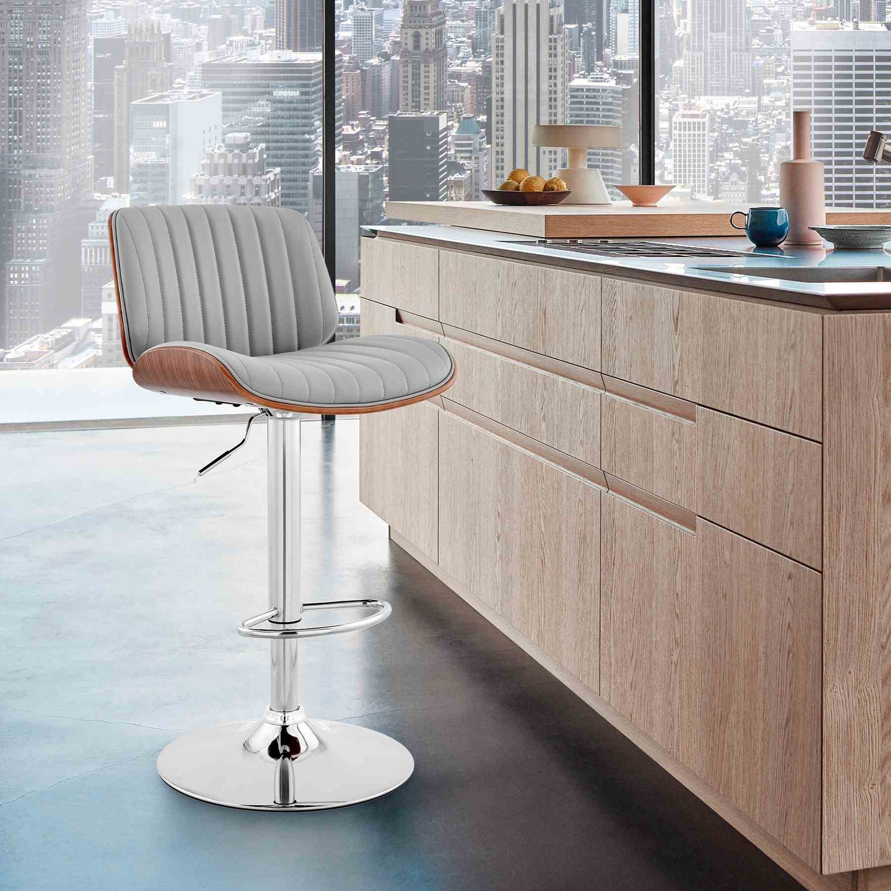 Brock Adjustable Gray Faux Leather and Walnut Wood with Chrome Finish Bar Stool - Image 11