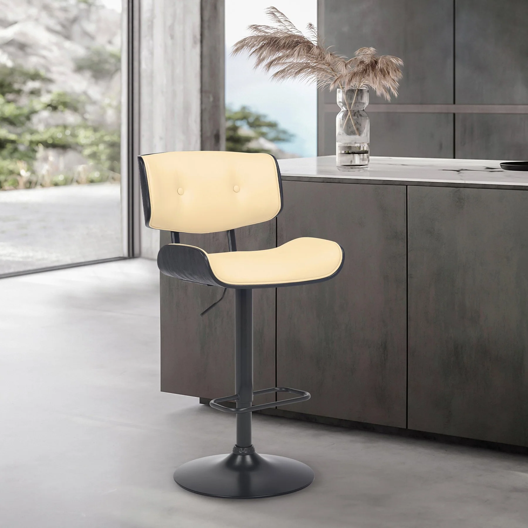 Brooklyn Adjustable Swivel Cream Faux Leather and Black Wood Bar Stool with Black Base - Image 10