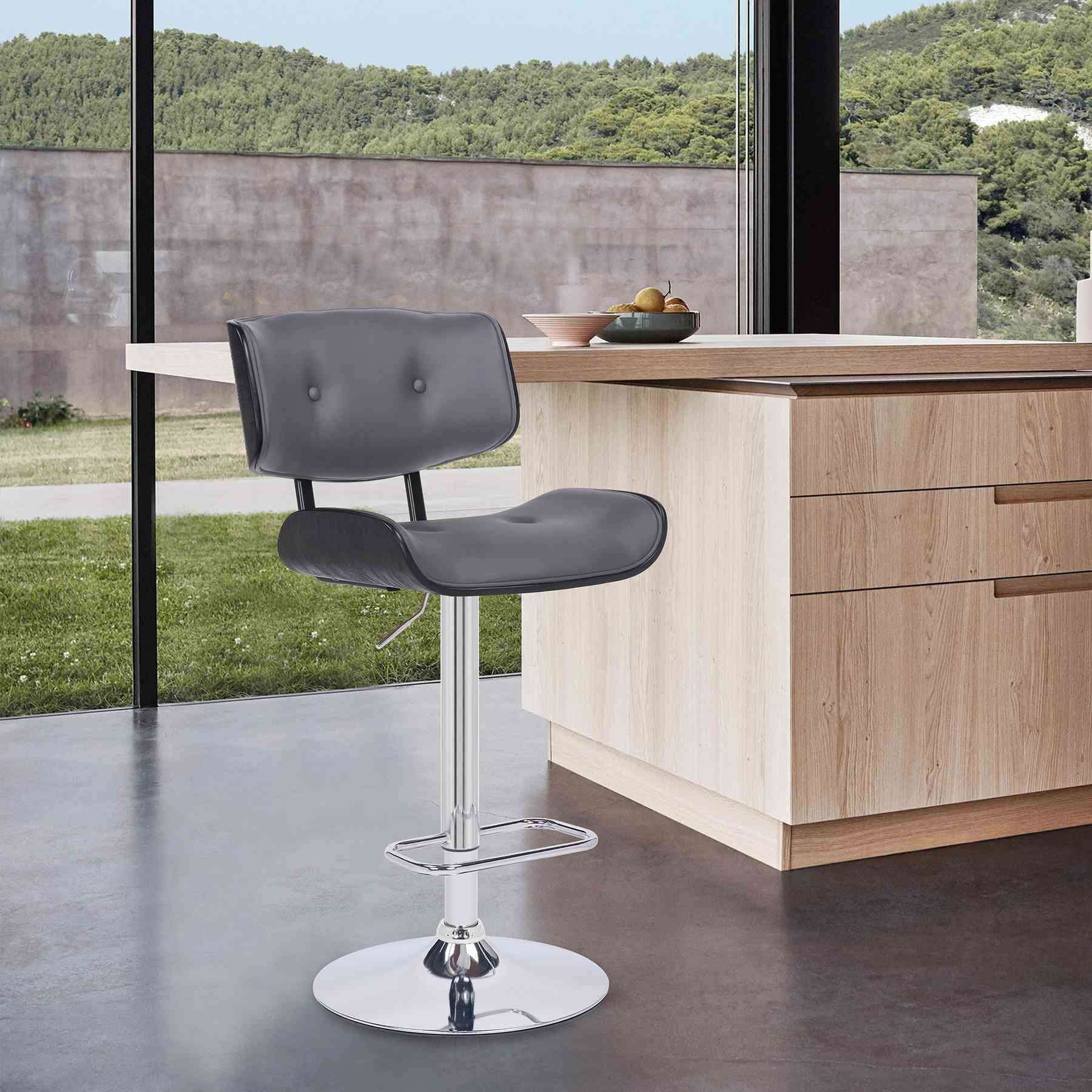 Brooklyn Adjustable Swivel Gray Faux Leather and Black Wood Bar Stool with Chrome Base - Image 10