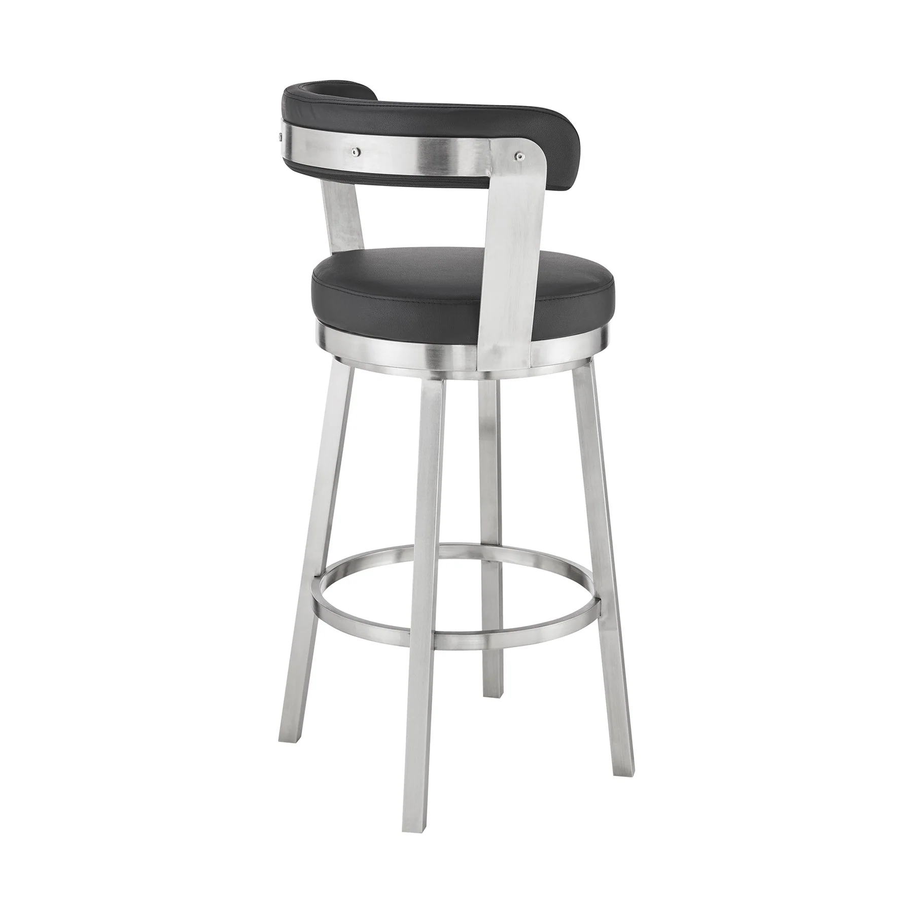 Bryant 26" Counter Height Swivel Bar Stool in Brushed Stainless Steel Finish and Black Faux Leather - Image 4