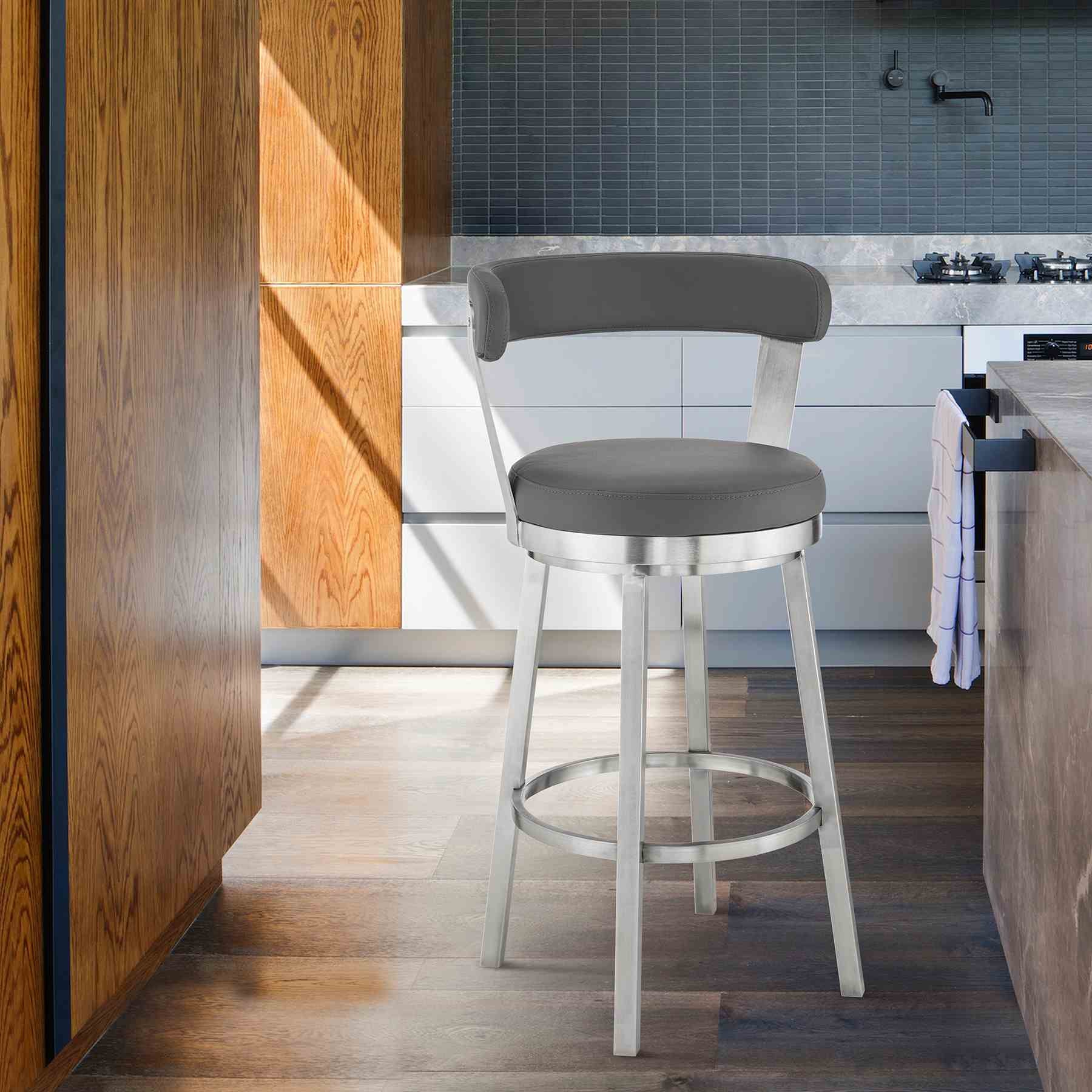 Bryant 26" Counter Height Swivel Bar Stool in Brushed Stainless Steel Finish and Gray Faux Leather - Image 9
