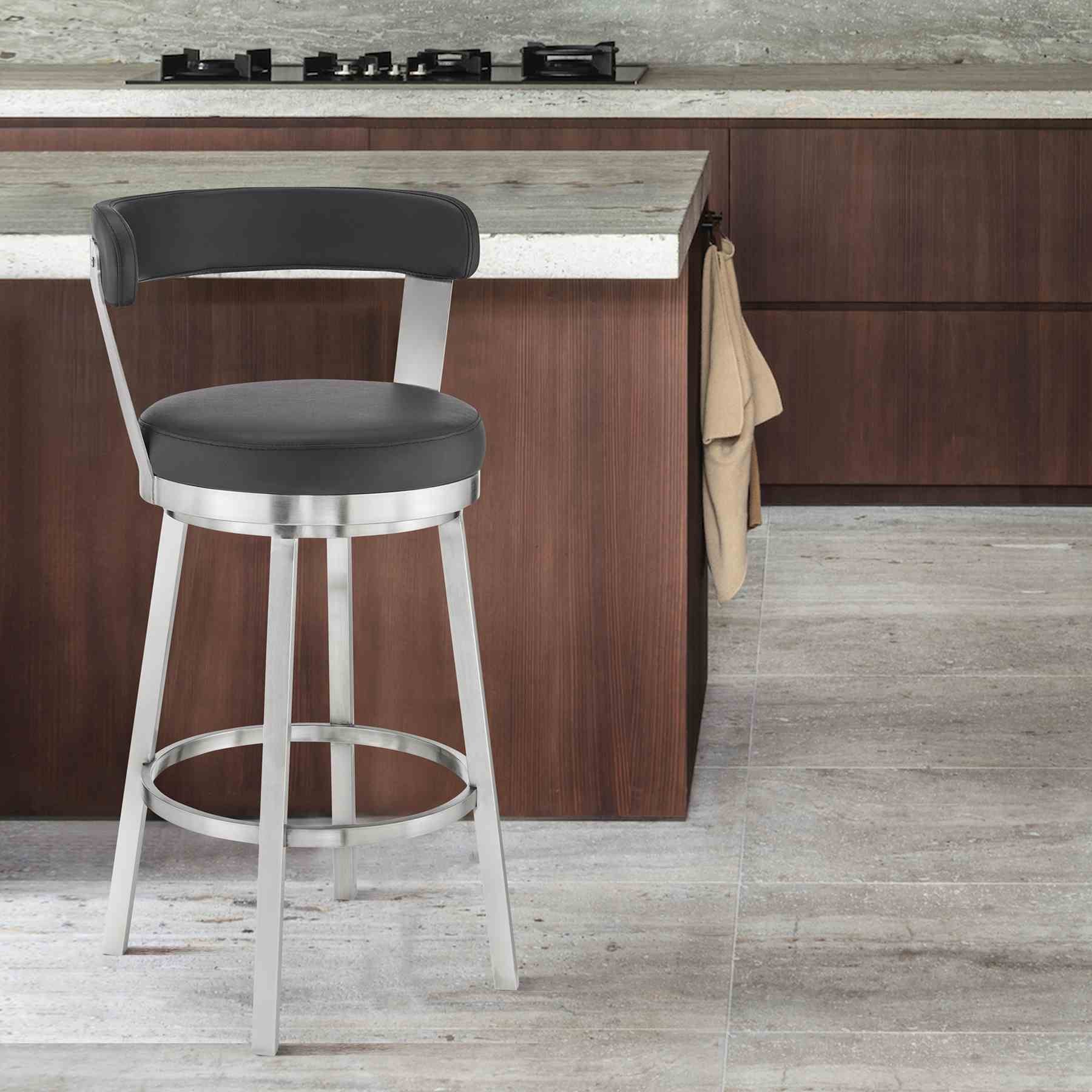 Bryant 30" Bar Height Swivel Bar Stool in Brushed Stainless Steel Finish and Black Faux Leather - Image 9