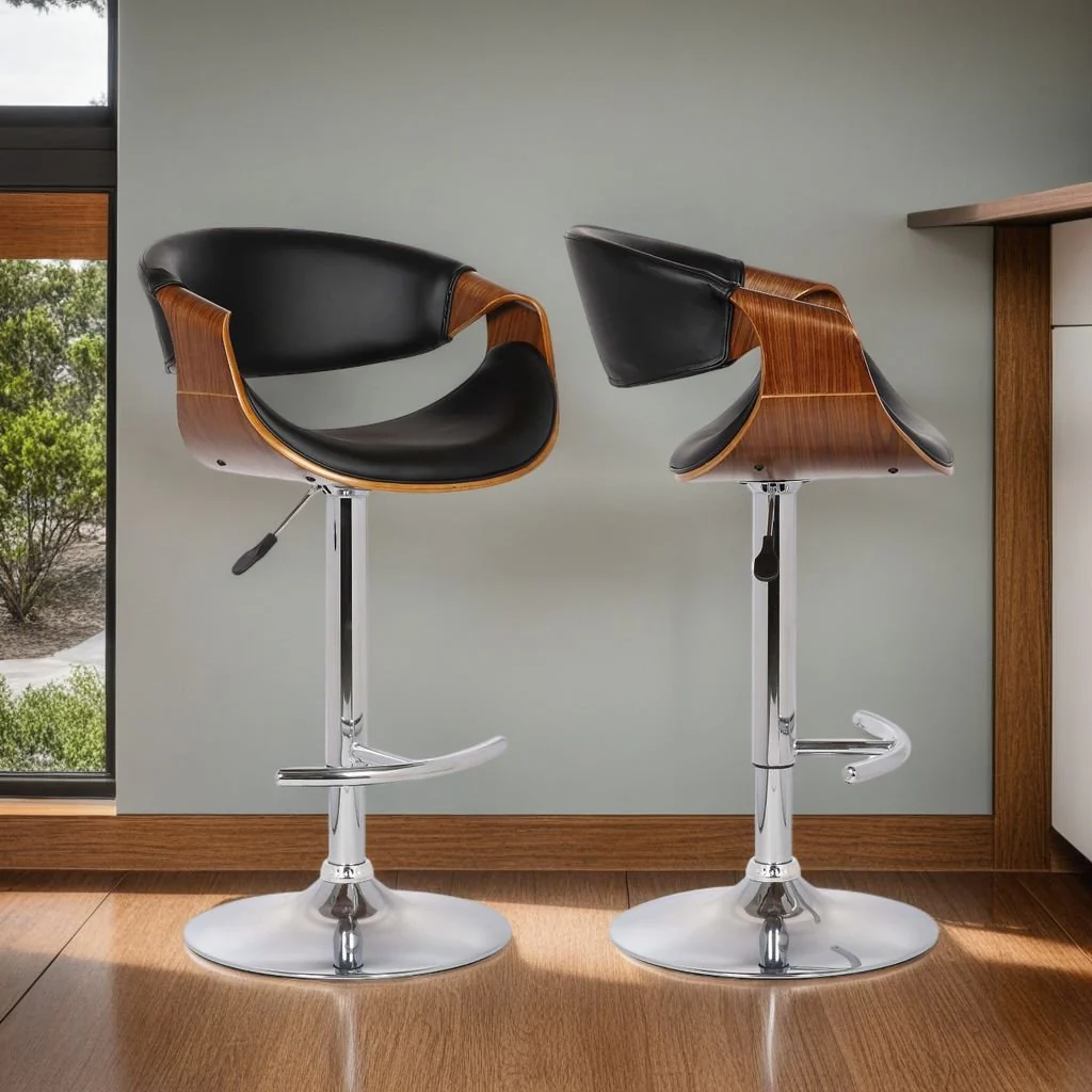 Butterfly Adjustable Height Swivel Black Faux Leather and Walnut Wood Bar Stool with Chrome Base - Image 8