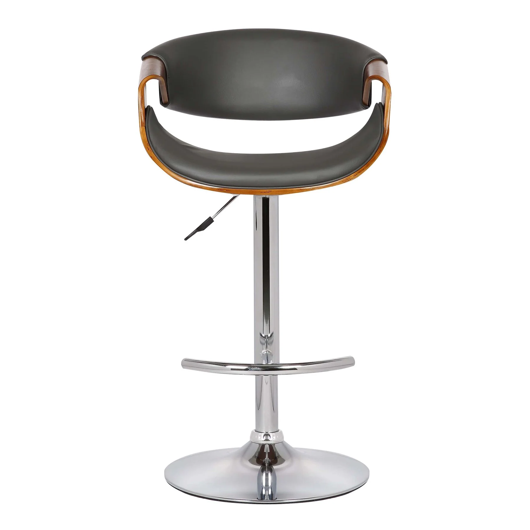 Butterfly Adjustable Height Swivel Gray Faux Leather and Walnut Wood Bar Stool with Chrome Base - Image 2