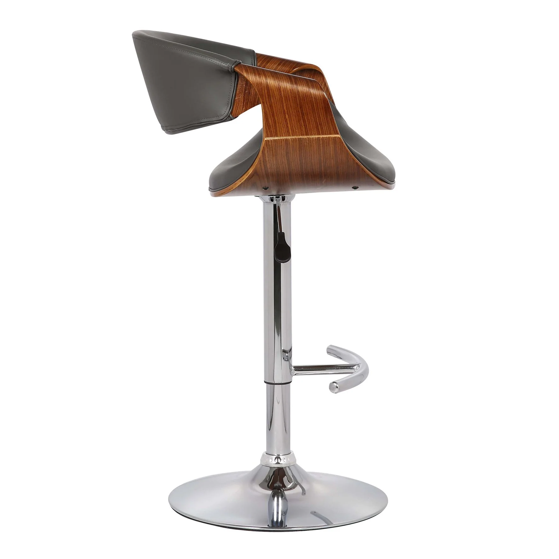 Butterfly Adjustable Height Swivel Gray Faux Leather and Walnut Wood Bar Stool with Chrome Base - Image 3