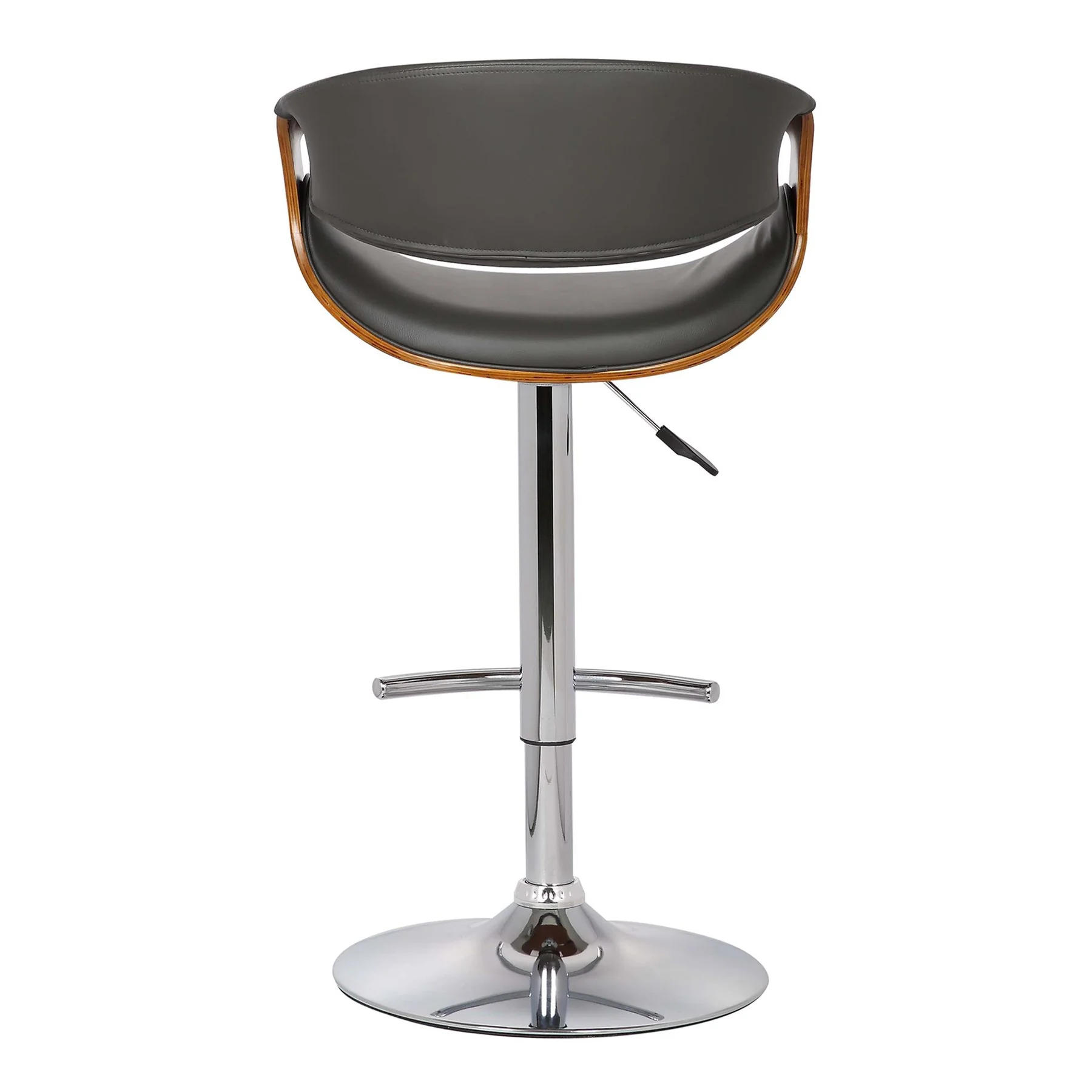 Butterfly Adjustable Height Swivel Gray Faux Leather and Walnut Wood Bar Stool with Chrome Base - Image 4