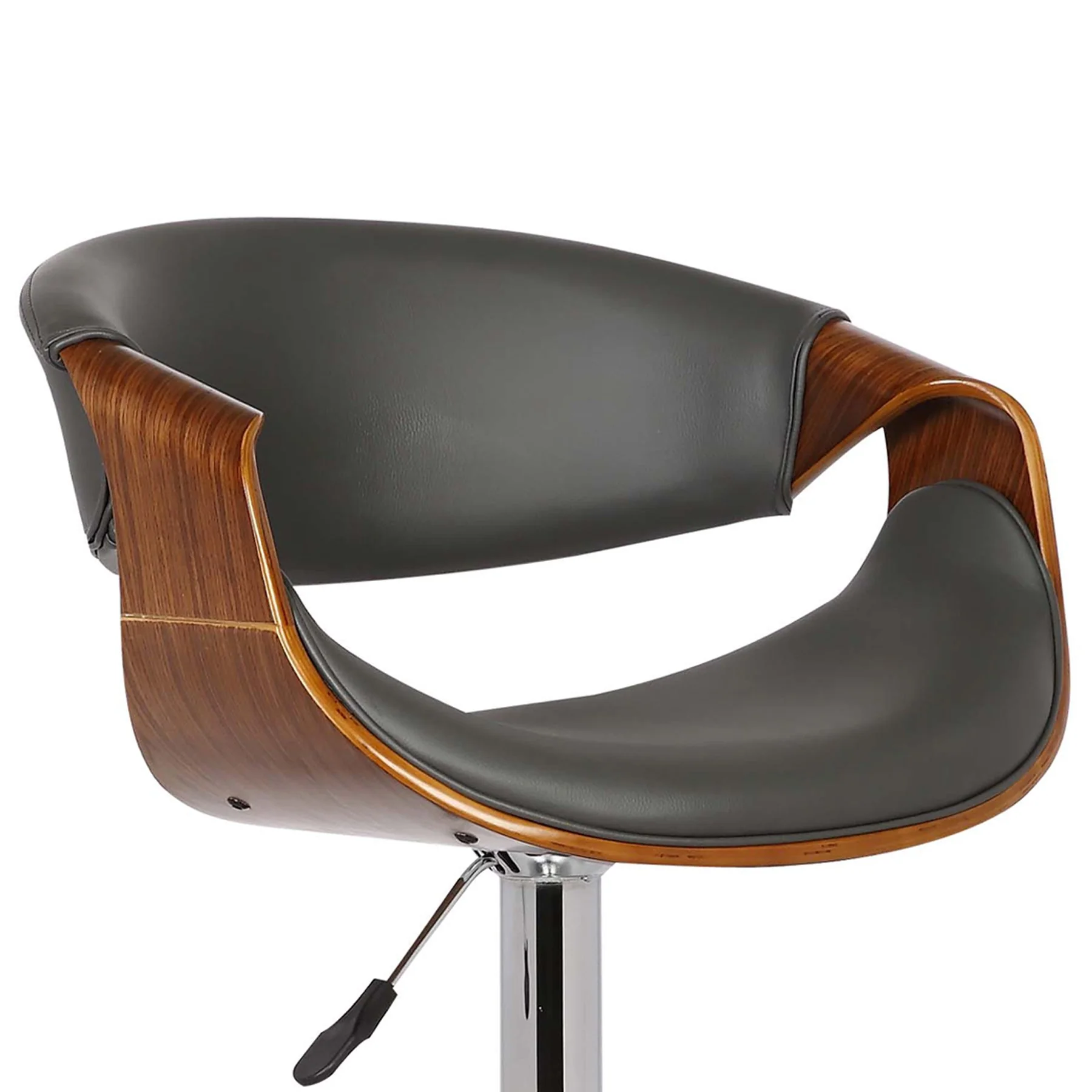 Butterfly Adjustable Height Swivel Gray Faux Leather and Walnut Wood Bar Stool with Chrome Base - Image 5
