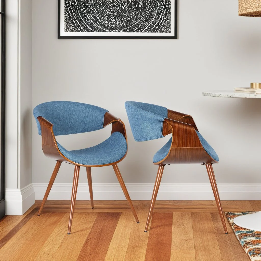 Butterfly Mid-Century Dining Chair in Walnut Finish and Blue Fabric - Image 9