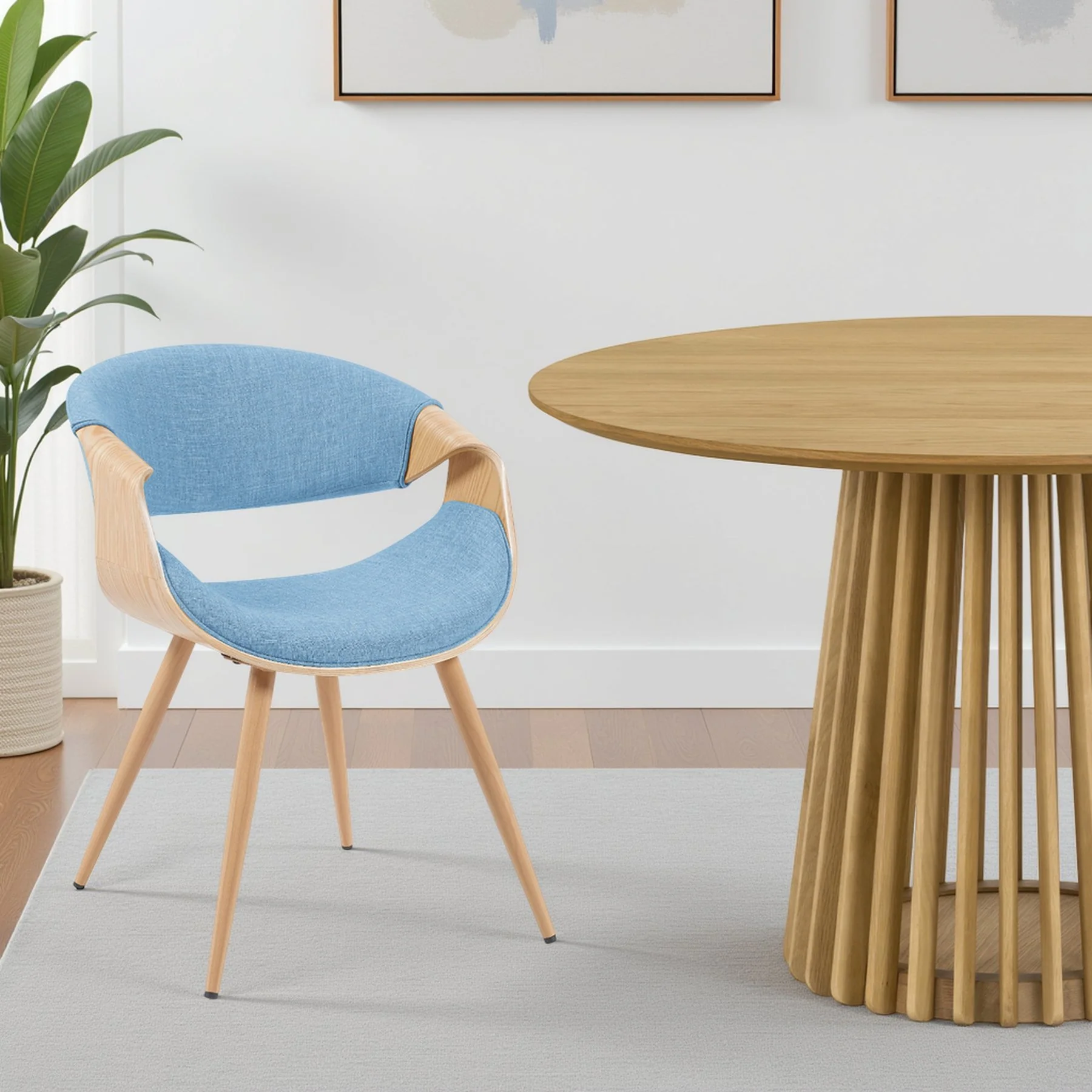 Butterfly Mid-Century Upholstered Dining Chair in Light Blue and Patterned Oak Finish - Image 7