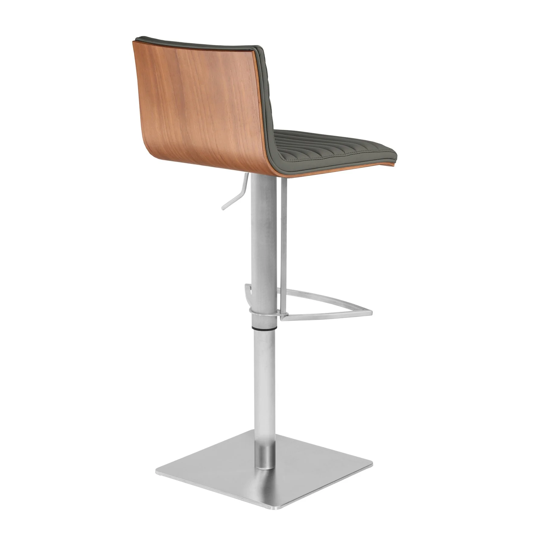 Café Adjustable Height Swivel Gray Faux Leather and Walnut Wood Bar Stool with Brushed Stainless Steel Base - Image 2