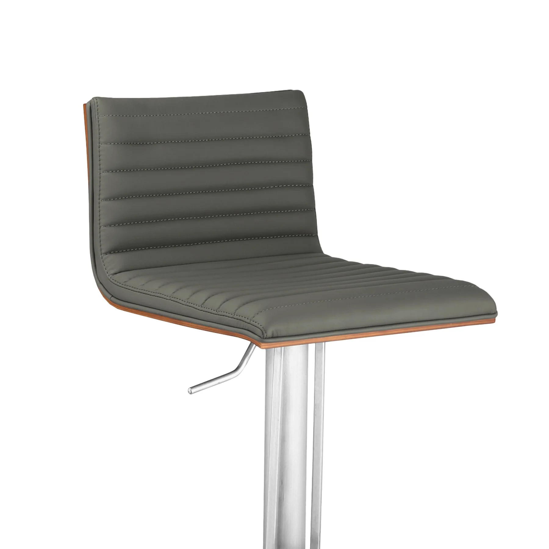 Café Adjustable Height Swivel Gray Faux Leather and Walnut Wood Bar Stool with Brushed Stainless Steel Base - Image 3