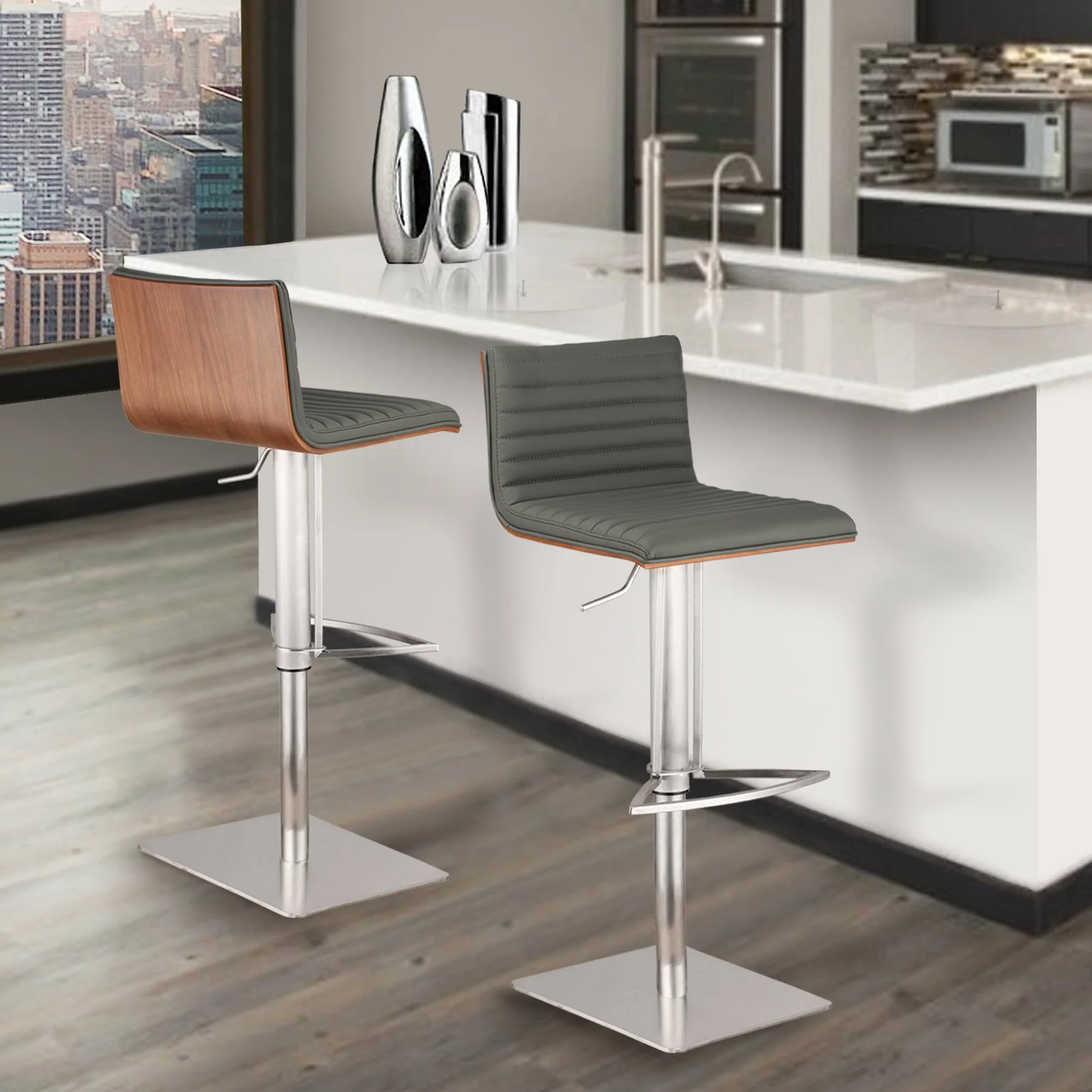 Café Adjustable Height Swivel Gray Faux Leather and Walnut Wood Bar Stool with Brushed Stainless Steel Base - Image 7