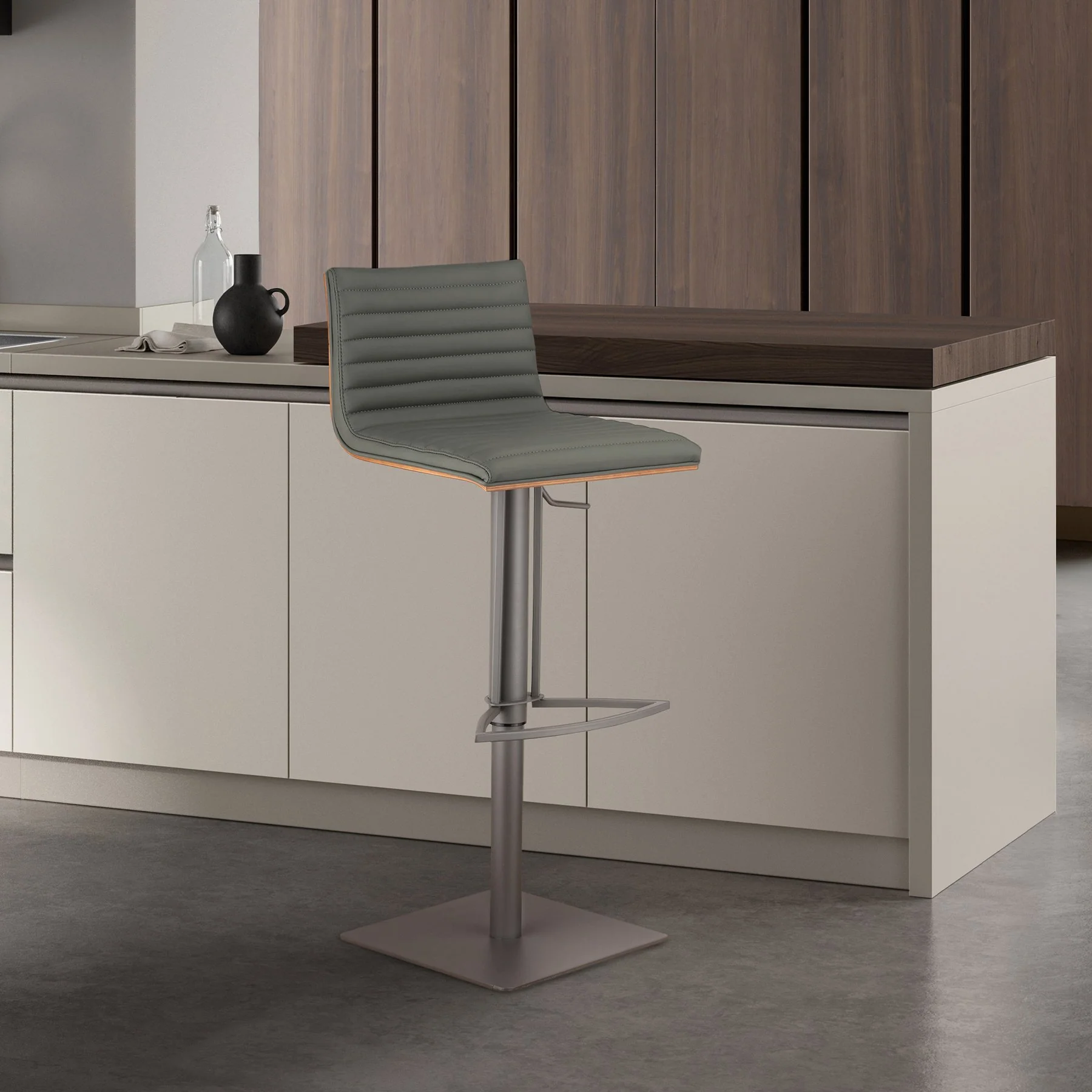 Café Adjustable Height Swivel Gray Faux Leather and Walnut Wood Bar Stool with Gray Metal Base - Image 6