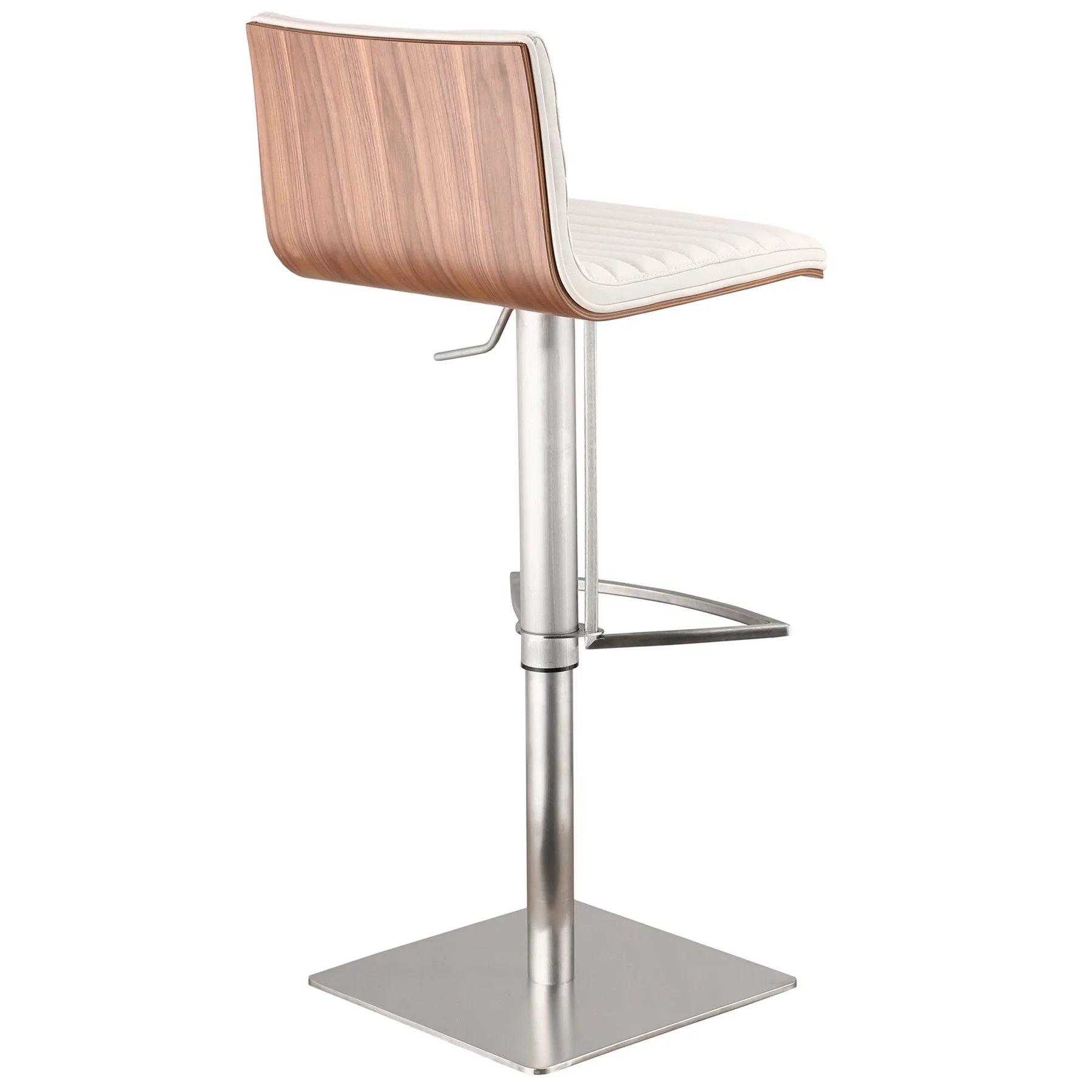 Café Adjustable Height Swivel White Faux Leather and Walnut Bar Stool with Brushed Stainless Steel Base - Image 2