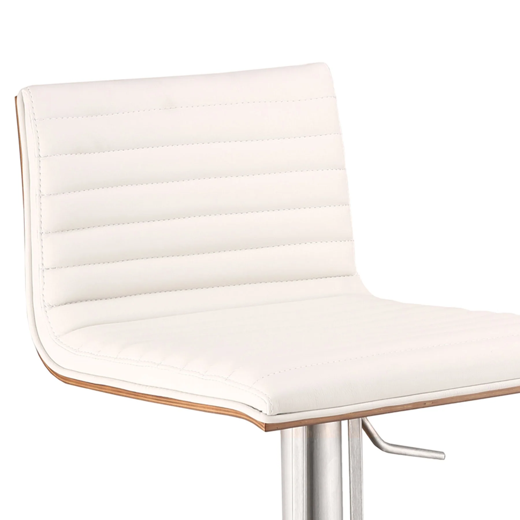 Café Adjustable Height Swivel White Faux Leather and Walnut Bar Stool with Brushed Stainless Steel Base - Image 3