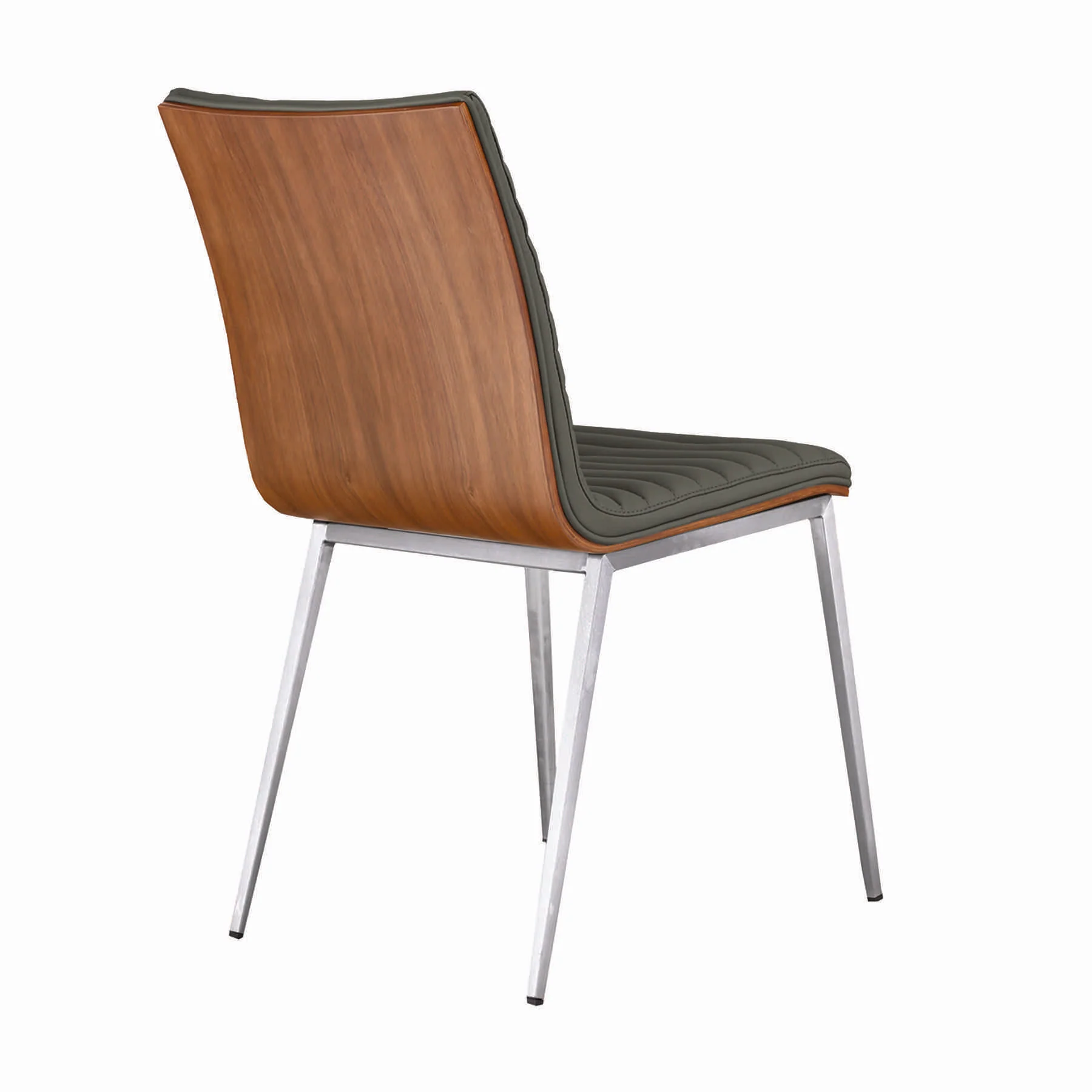 Café Brushed Stainless Steel Dining Chair in Gray Faux Leather with Walnut Back - Set of 2 - Image 3