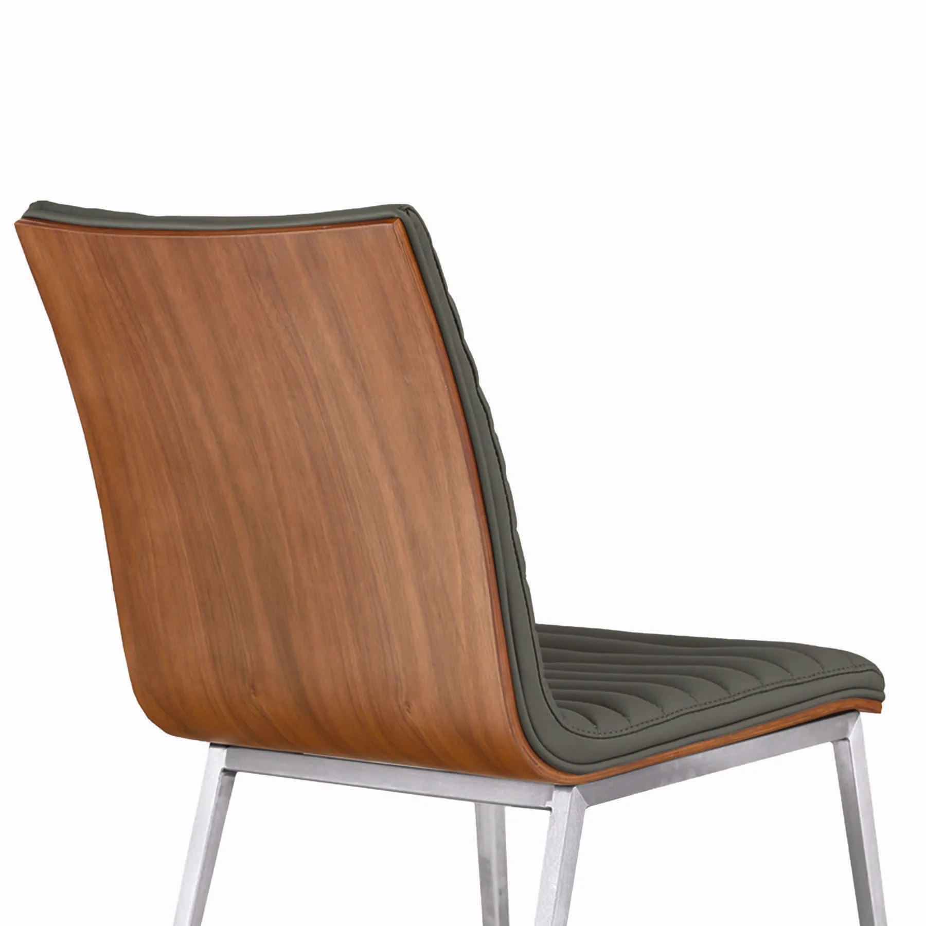 Café Brushed Stainless Steel Dining Chair in Gray Faux Leather with Walnut Back - Set of 2 - Image 5