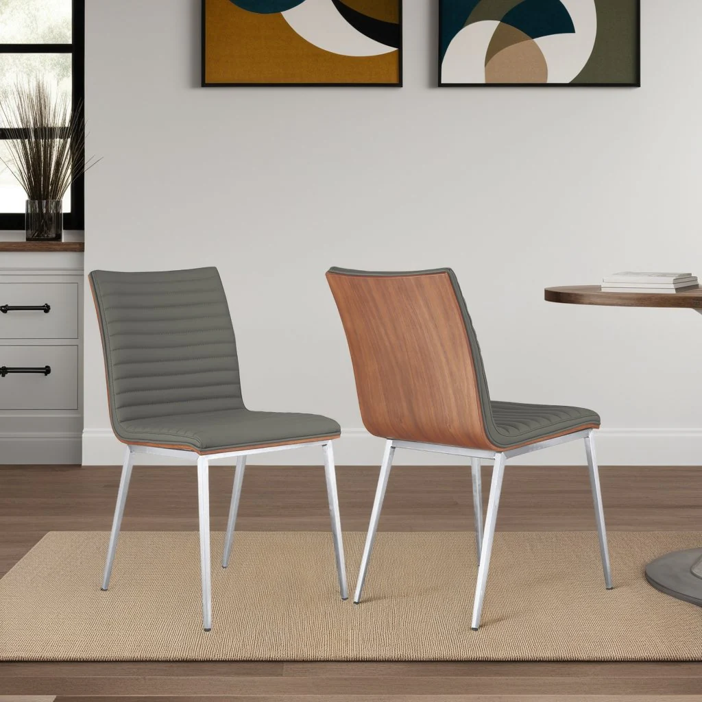 Café Brushed Stainless Steel Dining Chair in Gray Faux Leather with Walnut Back - Set of 2 - Image 7