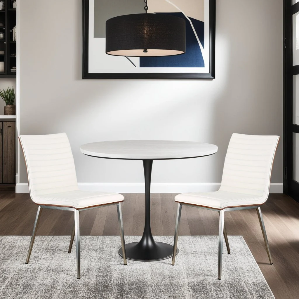 Café Brushed Stainless Steel Dining Chair in White Faux Leather with Walnut Back - Set of 2 - Image 5