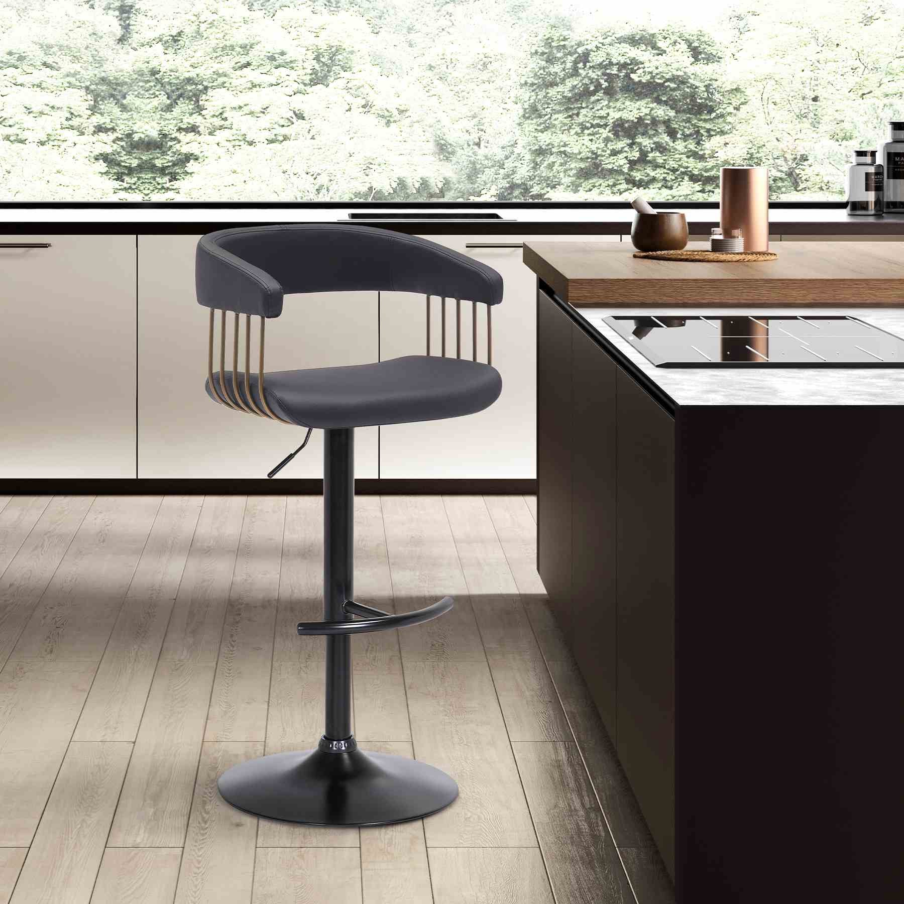 Calista Adjustable Bar Stool in Black Faux Leather with Golden Bronze and Black Metal - Image 10